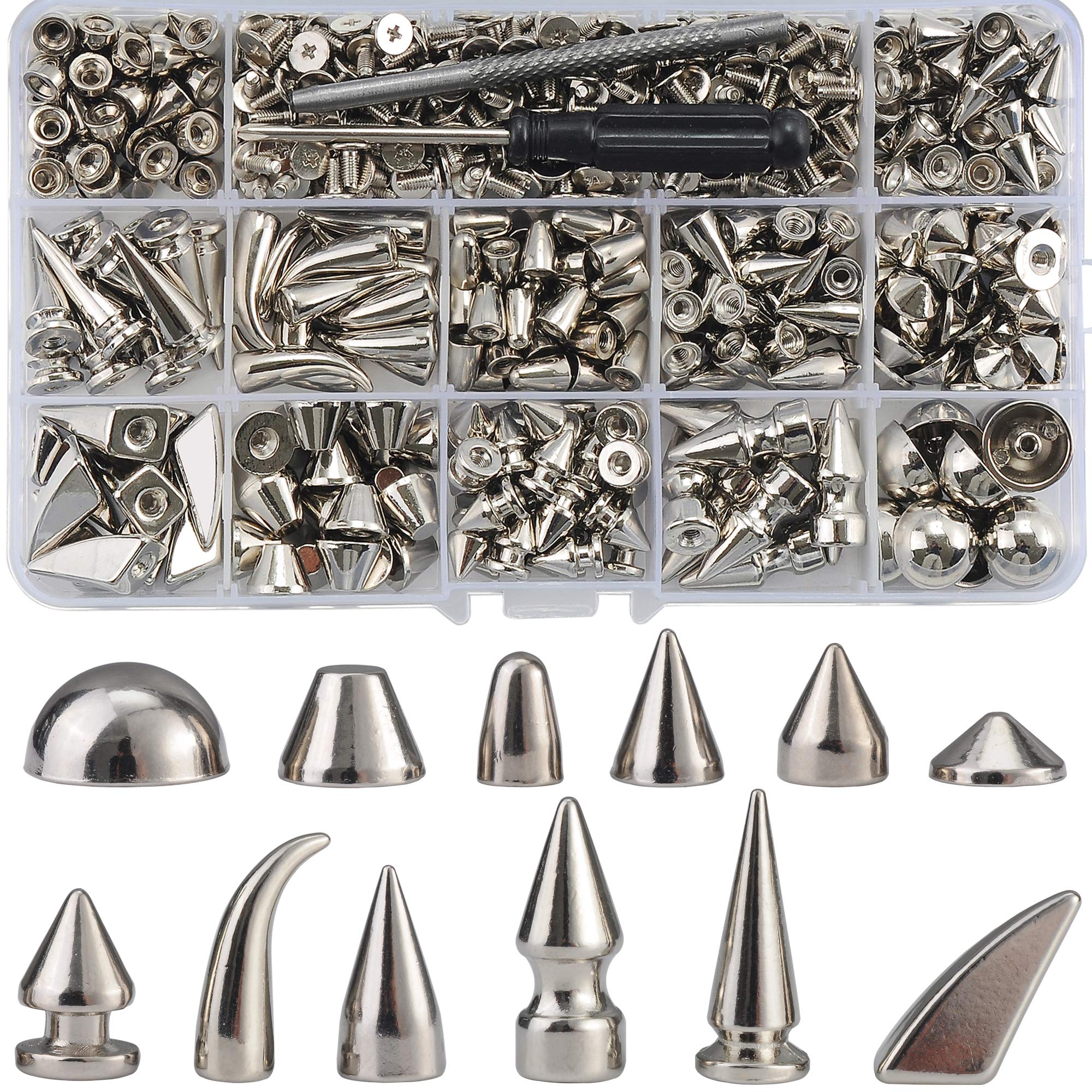 YORANYO 270 Sets Mixed Shape Spikes and Studs Silver Color Screw Back Bullet Cone Studs and Spikes Rivet Kit with Install Tools for Leather Craft Clothing Shoes Belts Bags Dog Collars DIY Rivets
