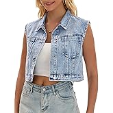 CIMUK Women's Denim Vest Button Down Jacket Washed Rhinestones Sleeveless Jean Jacket