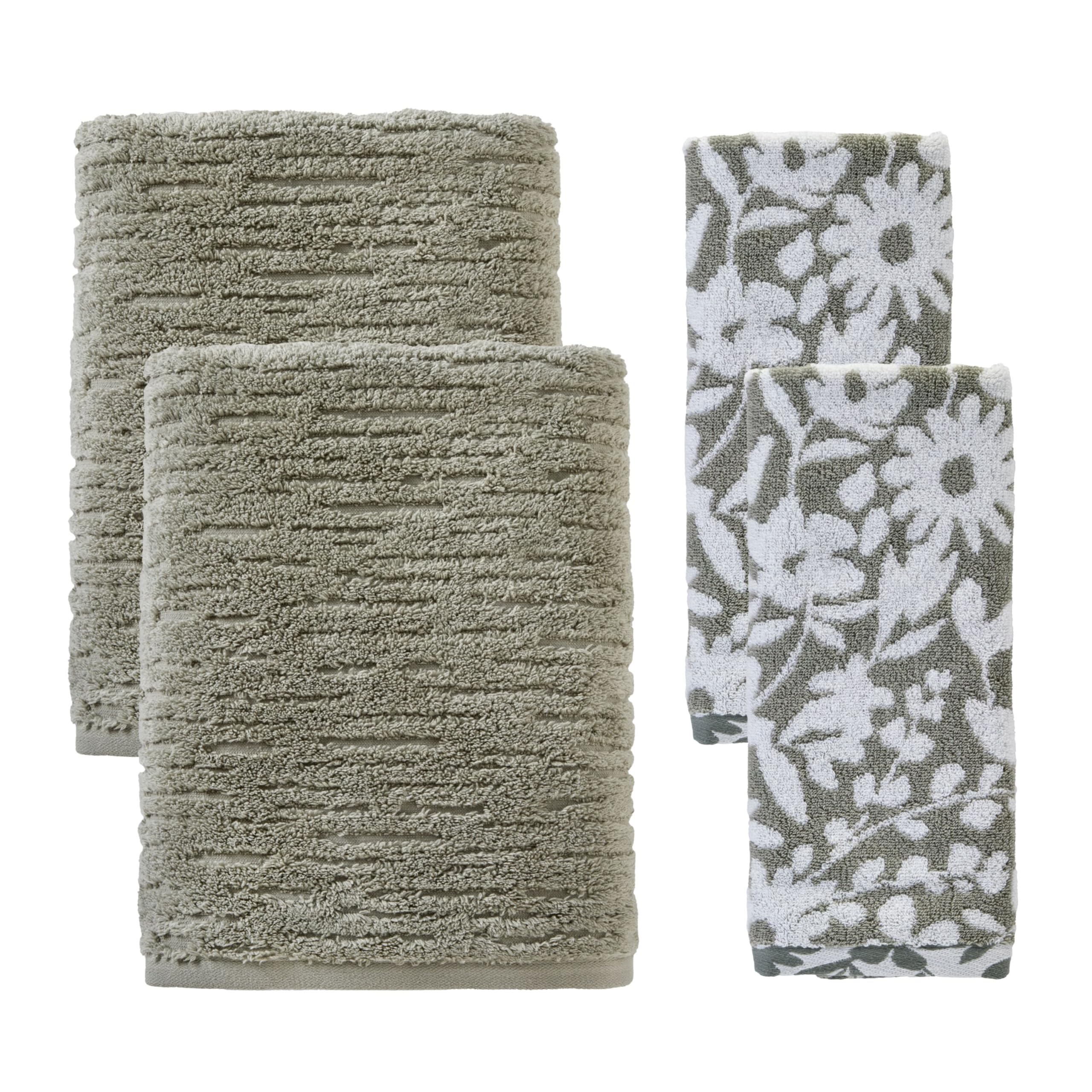SKL Home CloudSoft/Bedford Floral 100% Cotton Luxury 4-Piece Towel Set, 600 GSM, Ultra Plush & Absorbent, Reversible Jacquard - 2 Bath Towels, 2 Hand Towels, Sage Image