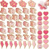 Hanaive 136 Pcs Chenille Letter Patches Self Adhesive Stickers for DIY Cute Smile Face Heart Rainbow Patches for Clothing Backpacks Bags Jackets Hat Decoration(Cute Style,Pink Color)