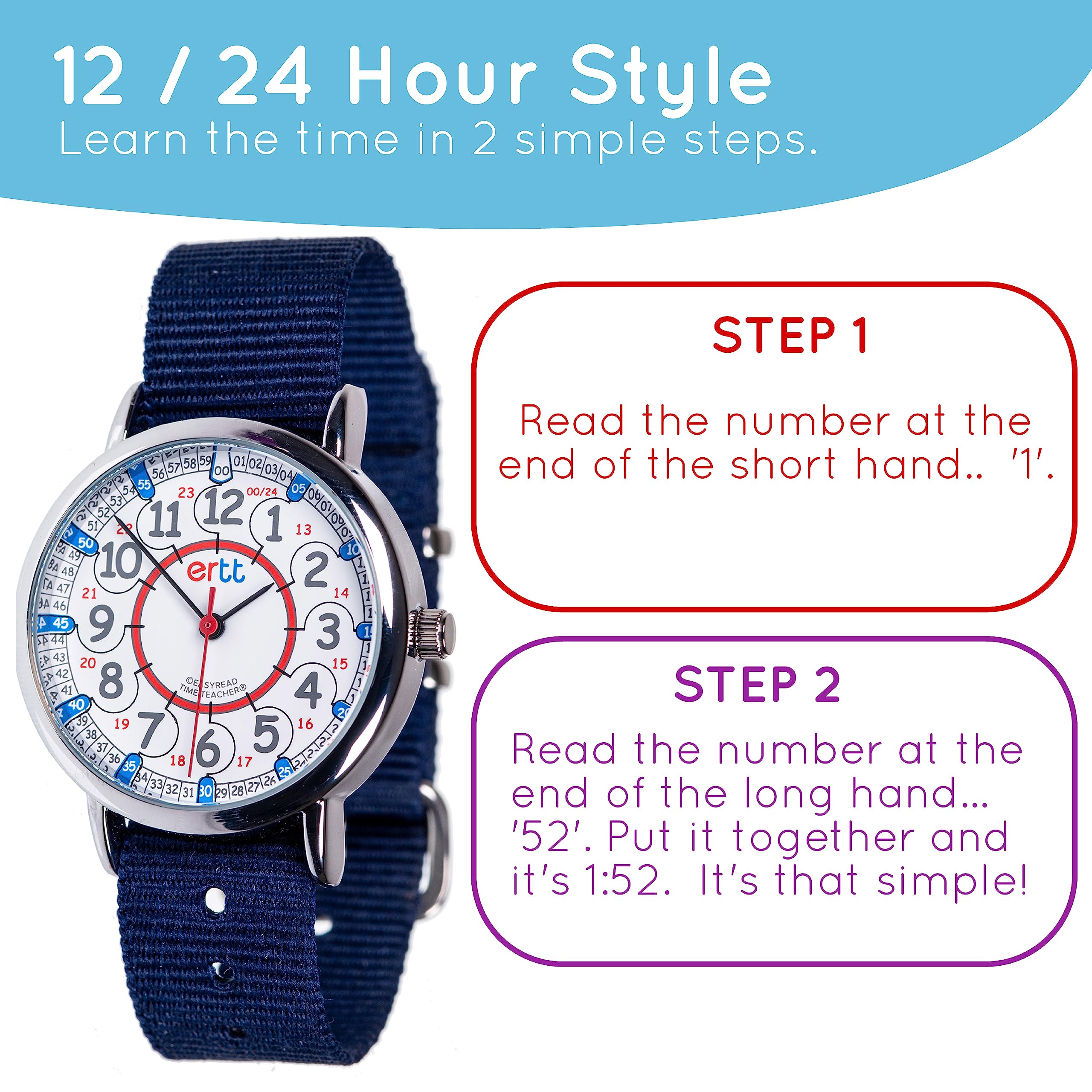 ertt EasyRead Time Teacher - Teaching Watch For Kids - Boys & Girls Analog Watch - Kids Learning Watch - Learn to Tell The Time Wrist Watch For Kids - 2 Step Time Teacher Watch - 12-24 Hr Easy to Read Dial