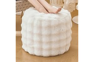 LIFEREVO Faux Rabbit Fur Round Inflatable Pouf Ottoman, 20 X 16 Waffle Bubble Fluffy Fuzzy Floor Poufs Foot Rest for Adults Kids Girls, Furry Pouf Chair Foot Stool Couch Home Decor, Anti-Slip, Beige