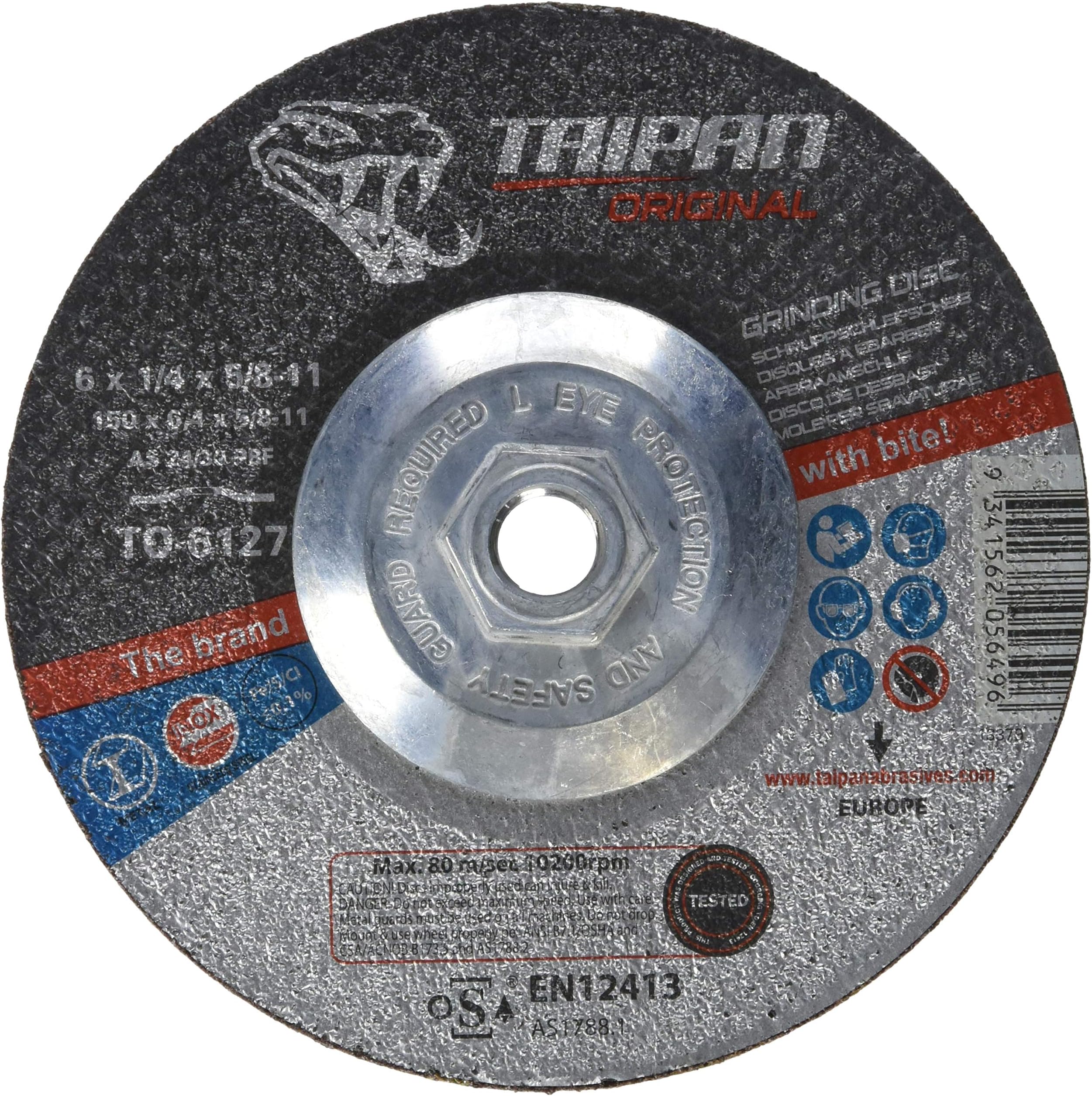 Taipan Abrasives TO-6127 Original Grinding Disc for Steel/Stainless Steel, Depressed, 6" OD, 1/4" Thick, 5/8"-11 Arbor, 10200 RPM
