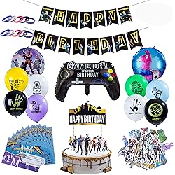 Herefun Artículos de Fiestas para Fanáticos de los Videojuegos, Cumpleaños de Tema de Videojuegos Kit de Suministros para Fiestas, Cumpleaños Decoraciones con Globos Banners, 52 Piezas