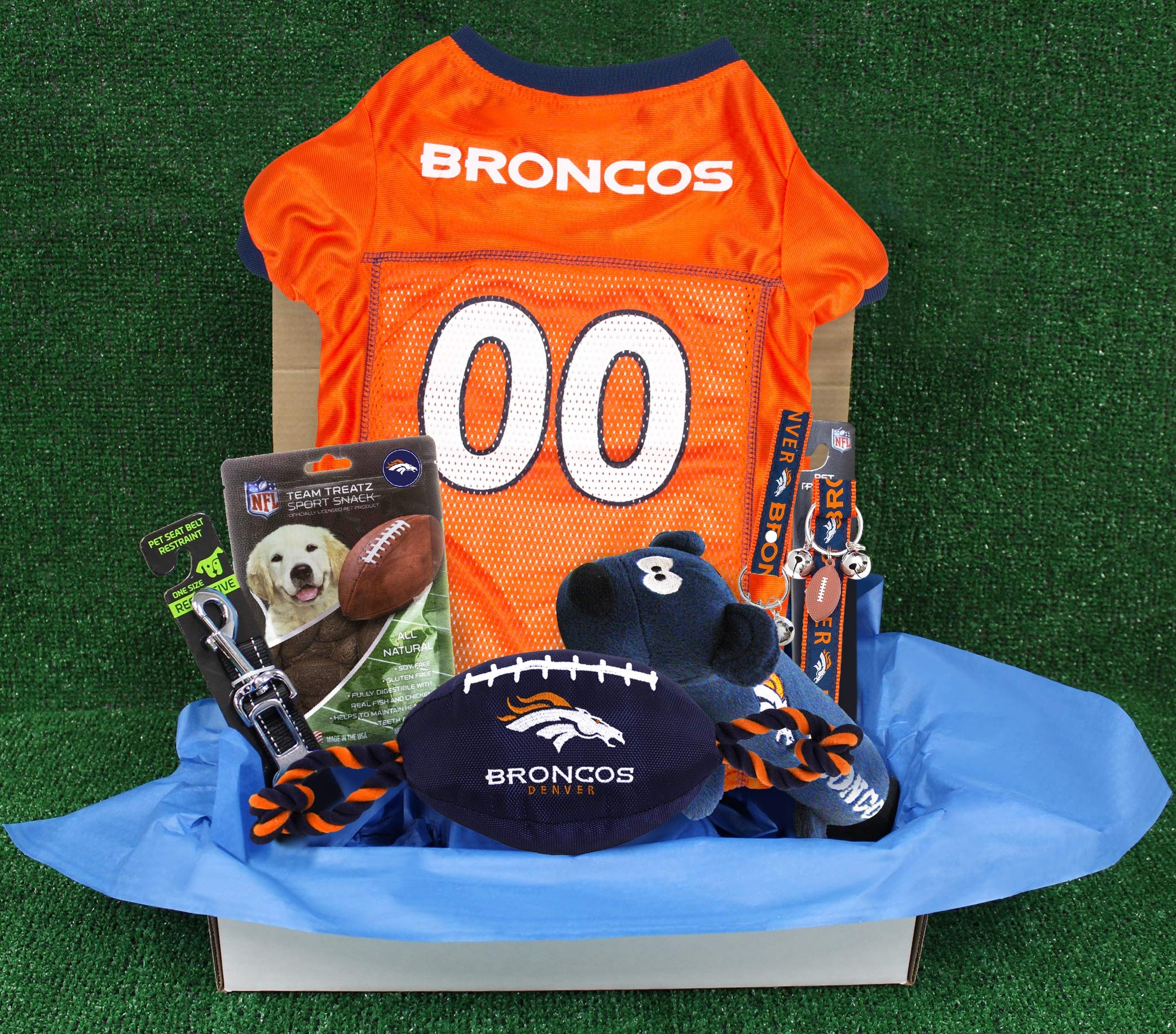 NFL Denver Broncos PET GIFT BOX with 2 Licensed DOG TOYS, 1 Logo-engraved NATURAL DOG TREAT, 1 NFL JERSEY, 1 NFL Puppy Training Bells & 1 Car Seatbelt