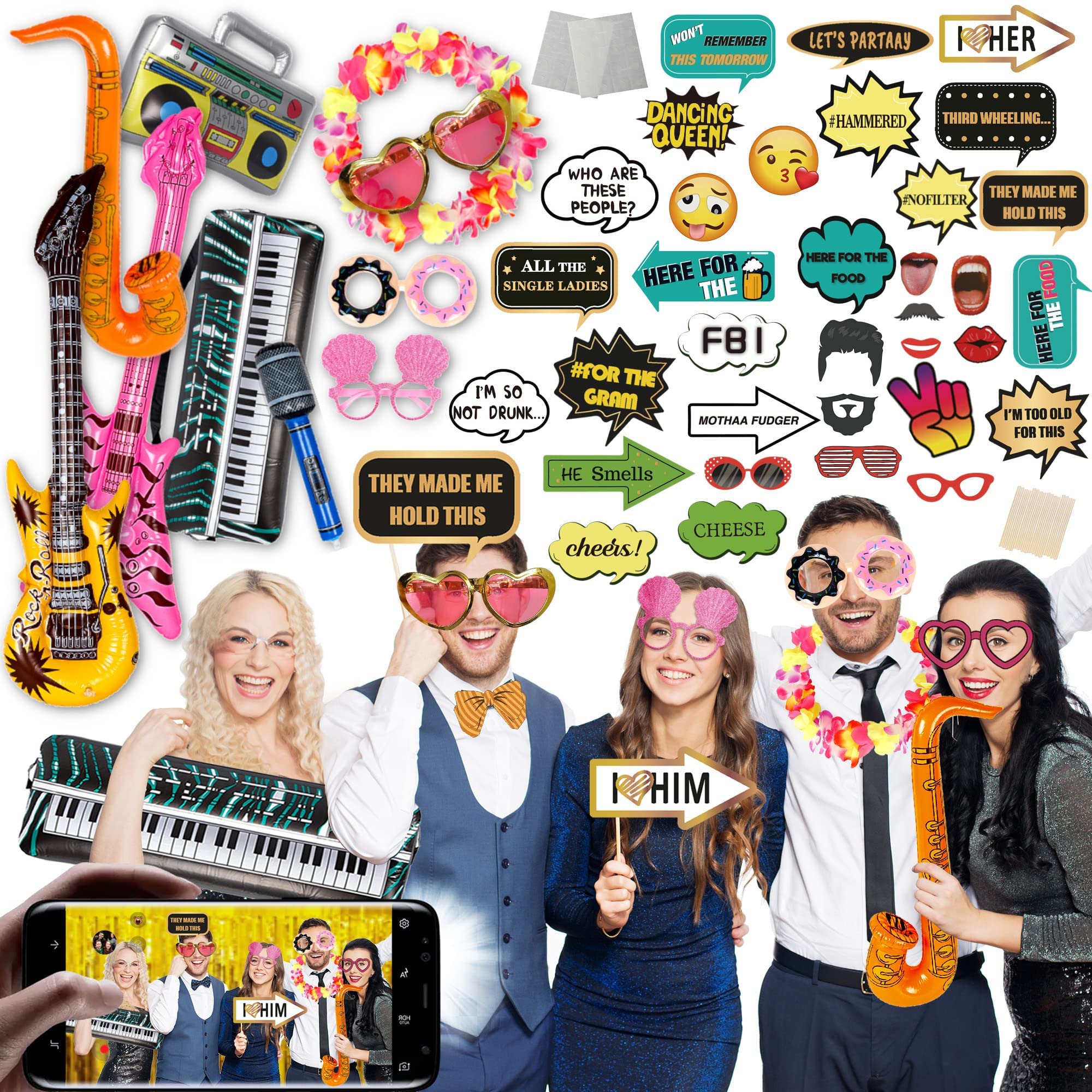Photo 1 of SOUL SHIFT 70 Pc Large Premium Photo Booth Props Set for All Occasions - Wedding Props, Birthday Props, Graduation Prop, Inflatables, Large Glasses, Multi-Colored Wig, Hawaiian Lei, Hand Pump