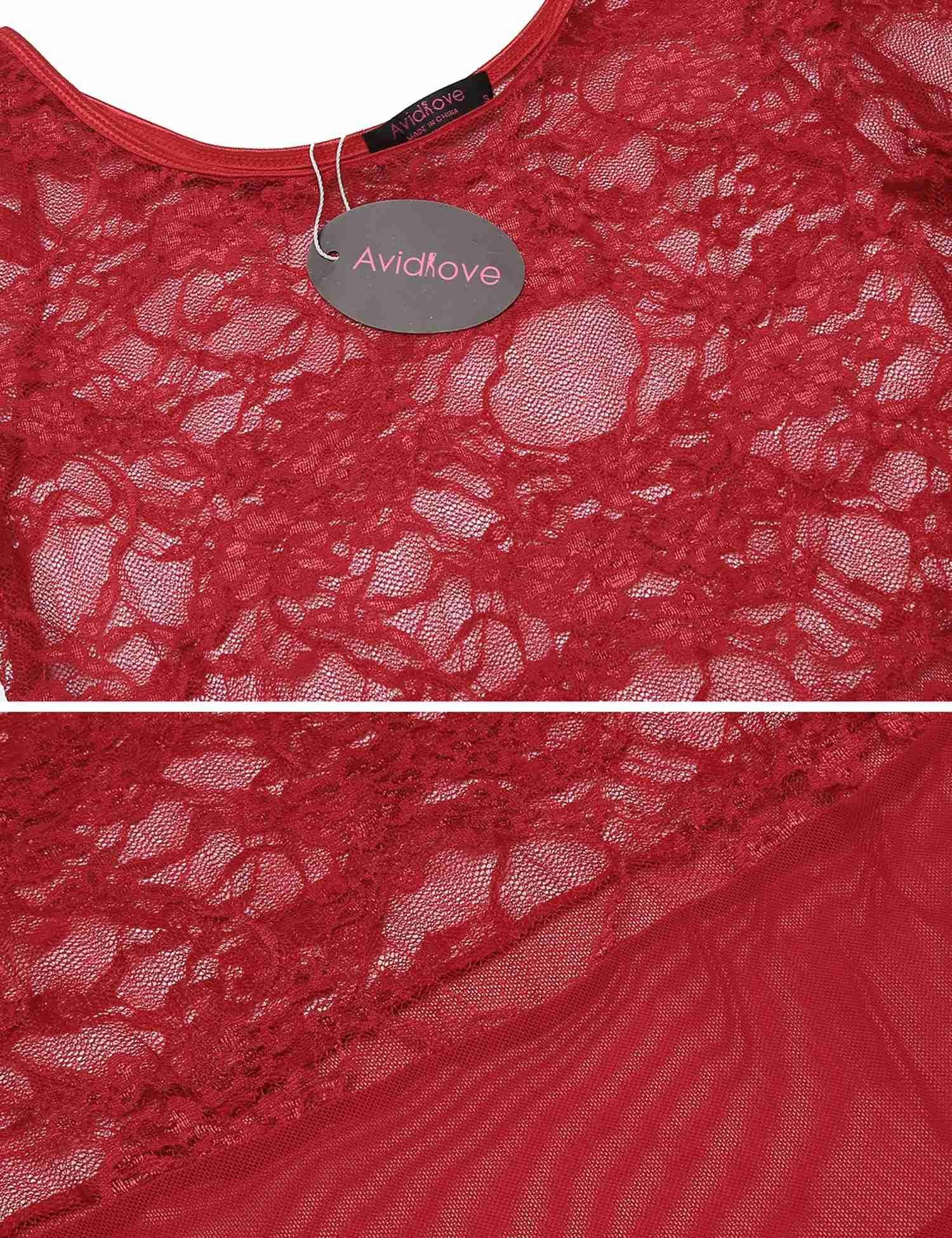 Avidlove Womens Chemise Nightgown Lace High Waisted Mesh Nightdress(Dark Red,XL)