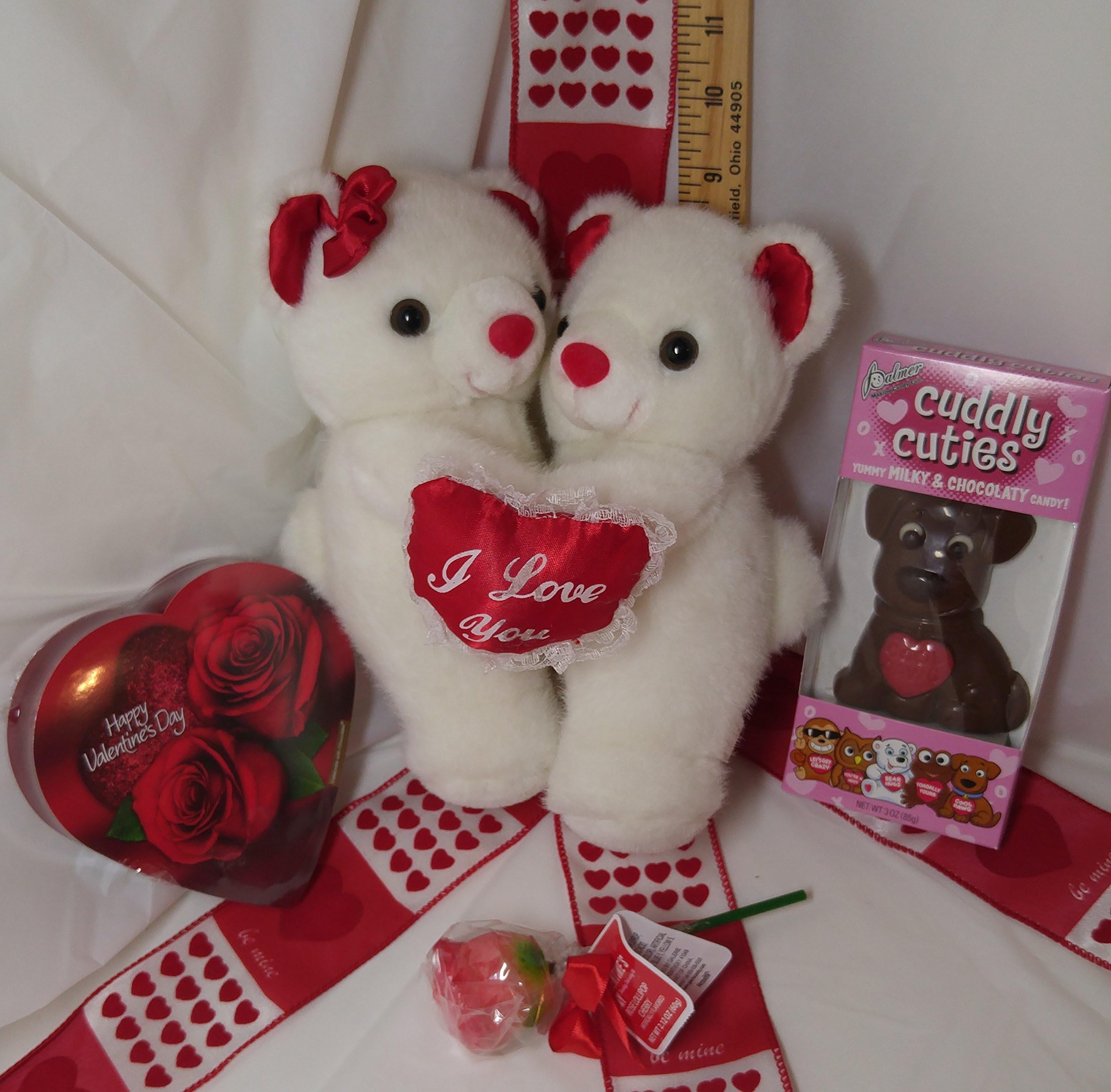 Unique Valentine's Anniversary Gift Bundle w/ Plush Bear, Heart shaped box candy and Rose lollipop! (047)