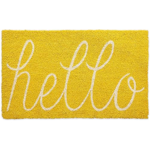 DII Hello Coir Fiber Doormat Non-Slip Durable Outdoor/Indoor, Pet Friendly, 18x30, Yellow
