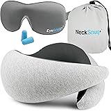 NeckSnug+ 4 Pack Sleep Kit - 100% Memory Foam Neck Pillow, 3D Contoured Sleep Mask, Moldable Ear Plugs, Compact Carry Bag, by