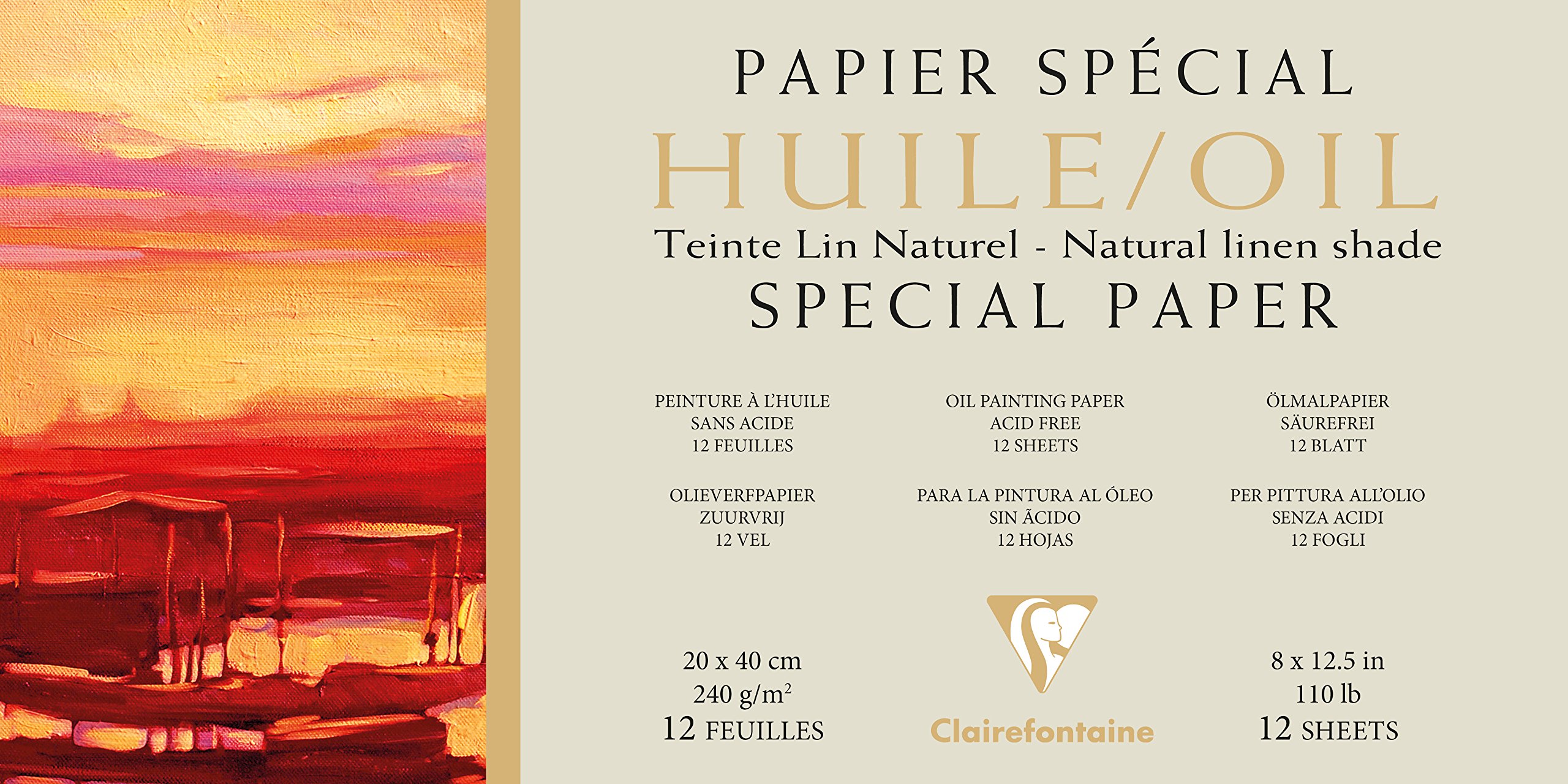 Clairefontaine - Ref 975822C - Oil Painting Glued Pad (12 Sheets) - 20 x 40cm Sized, 240gsm Natural Linen Shade Paper, Acid Free, pH Neutral - Suitable for Oil Painting