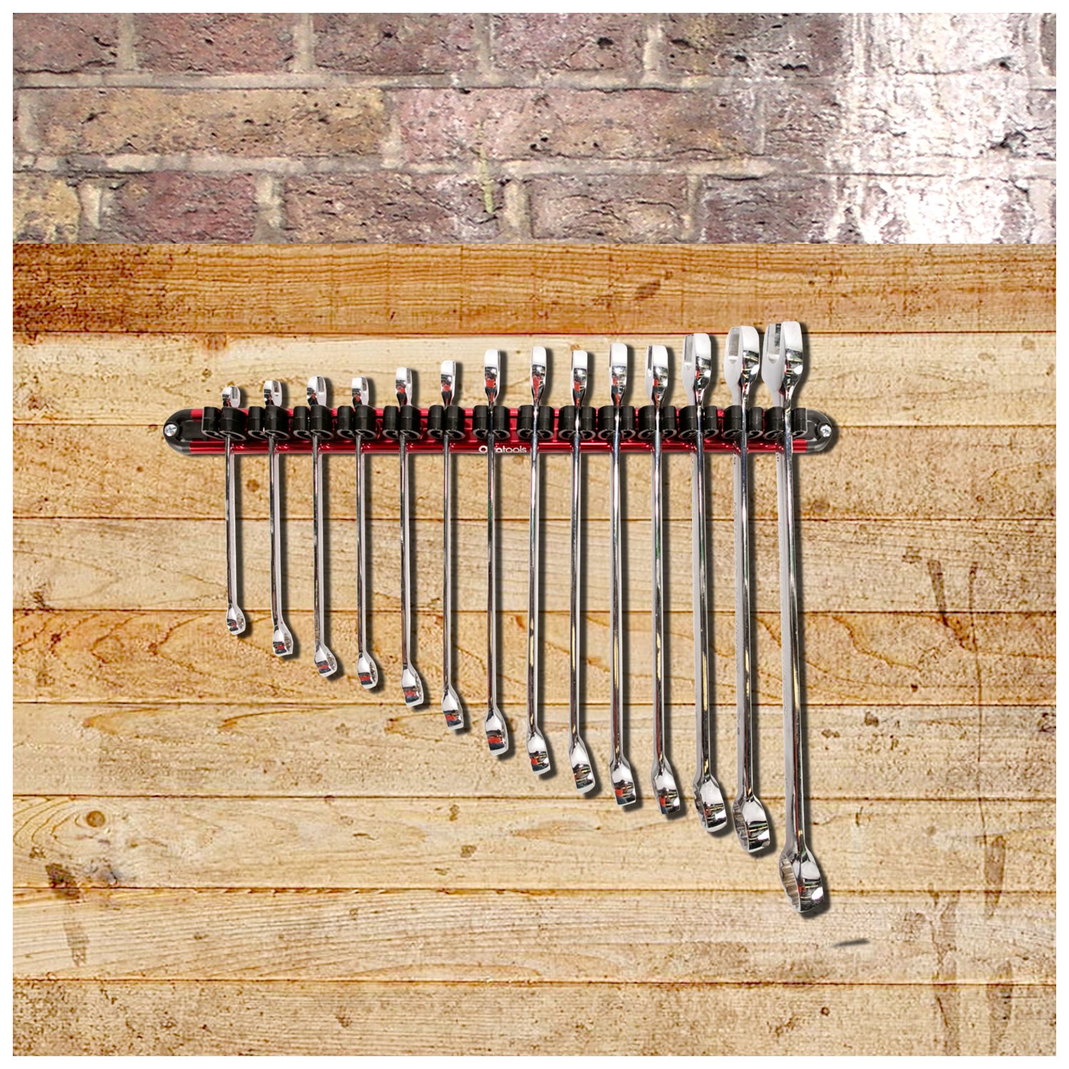 Olsa Tools Wall Mount Wrench Organizer Red Anodized Aluminum + Black