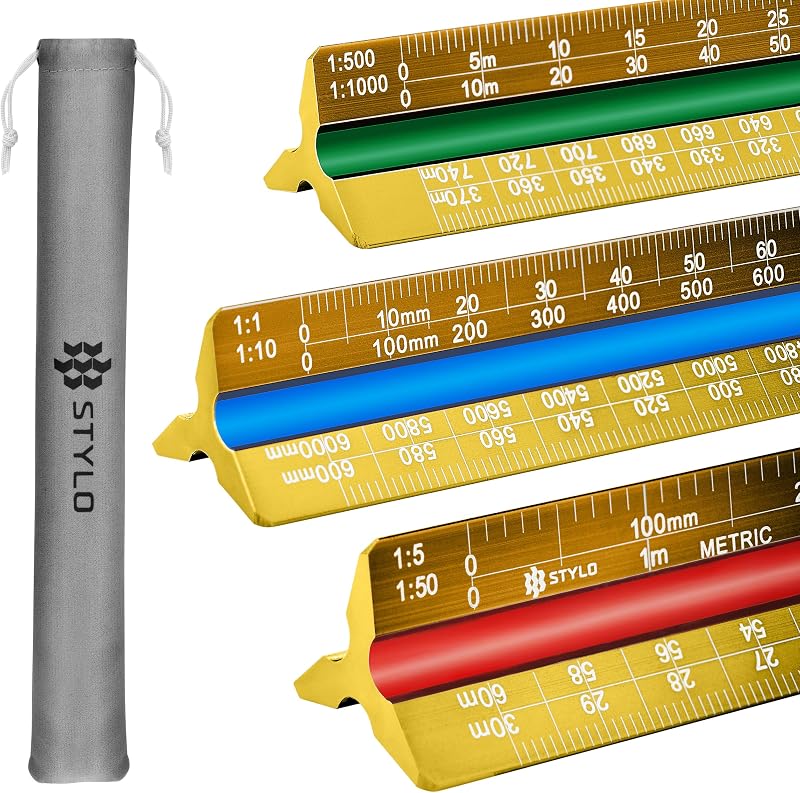 Stylo Aluminum Architect Scale 30cm Triangle Drafting Ruler Yellow Metric