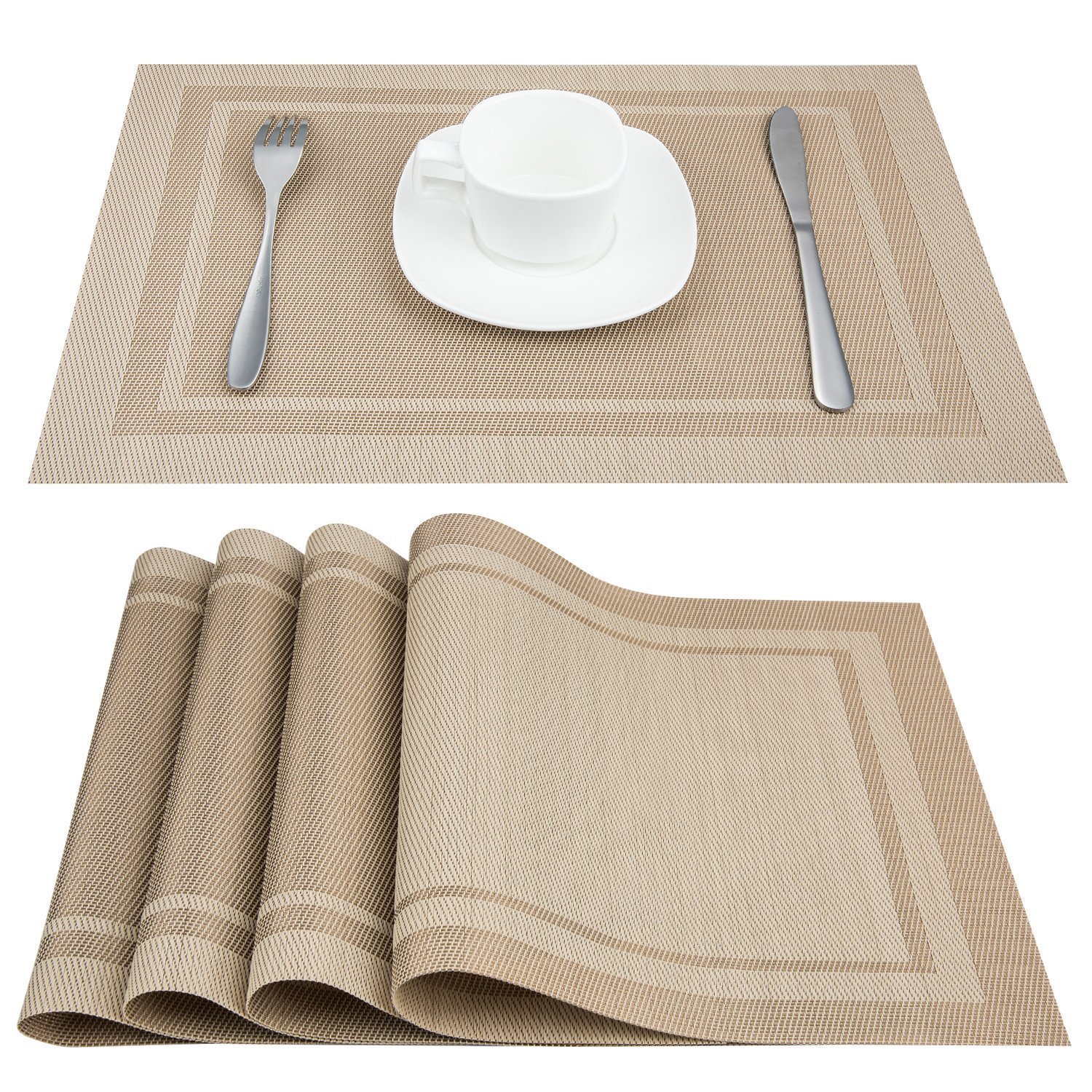 Placemat, Fashion European Style PVC Placemat Non-slip Insulation Placemat Washable Table Mats Set of 4(Beige)