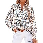 MASCOMODA Womens V Neck Floral Long Sleeve Tops 2026 Summer Casual Loose Puff Sleeve Chiffon Boho Work Blouse Dressy T Shirts
