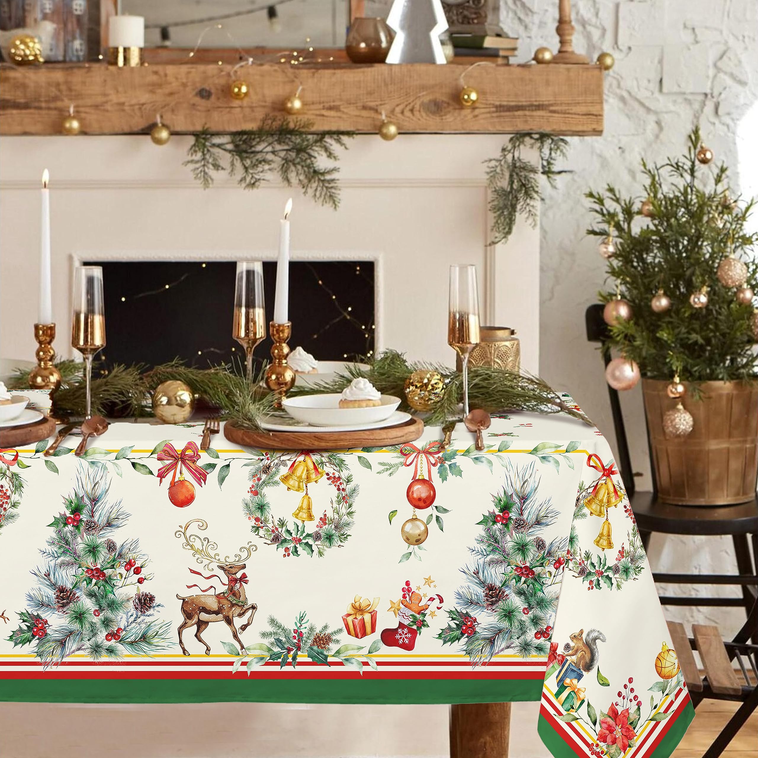 Rectangle Christmas Tablecloth 60 x 84in, Elk Holiday Decoration Table Cloth, Polyester Waterproof and Wrinkle-resistant Durable Christmas Tablecloth for Kitchen, Winter and Home Decor — image 1