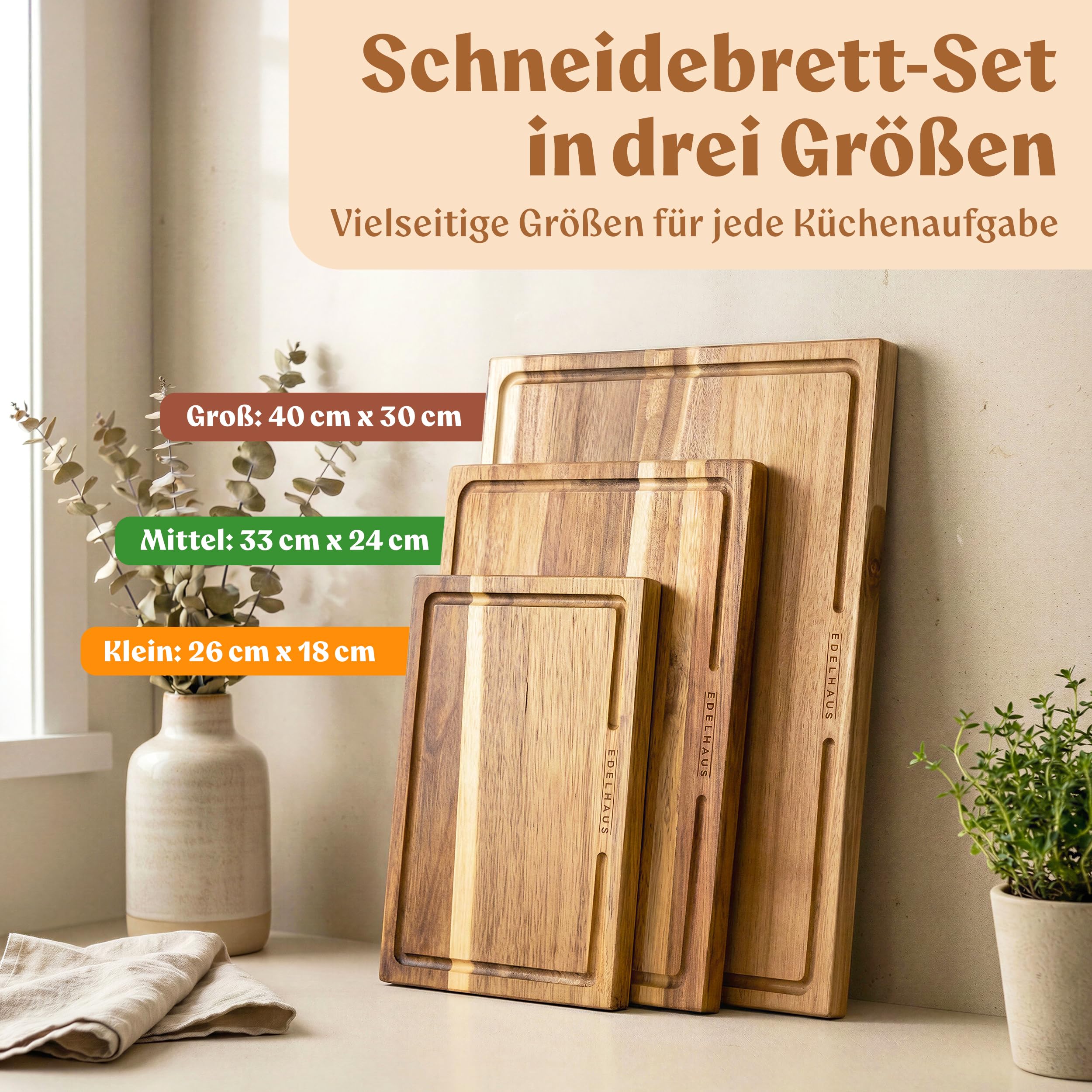 EDELHAUS Schneidebrett Holz 3er Set (40x30cm / 33x24cm / 26x18cm) Holzschneidebrett aus Massiver Akazie - 2cm dicke Holzbretter Küche mit Saftrille - Design Cutting Board Schneidbrett Set 2