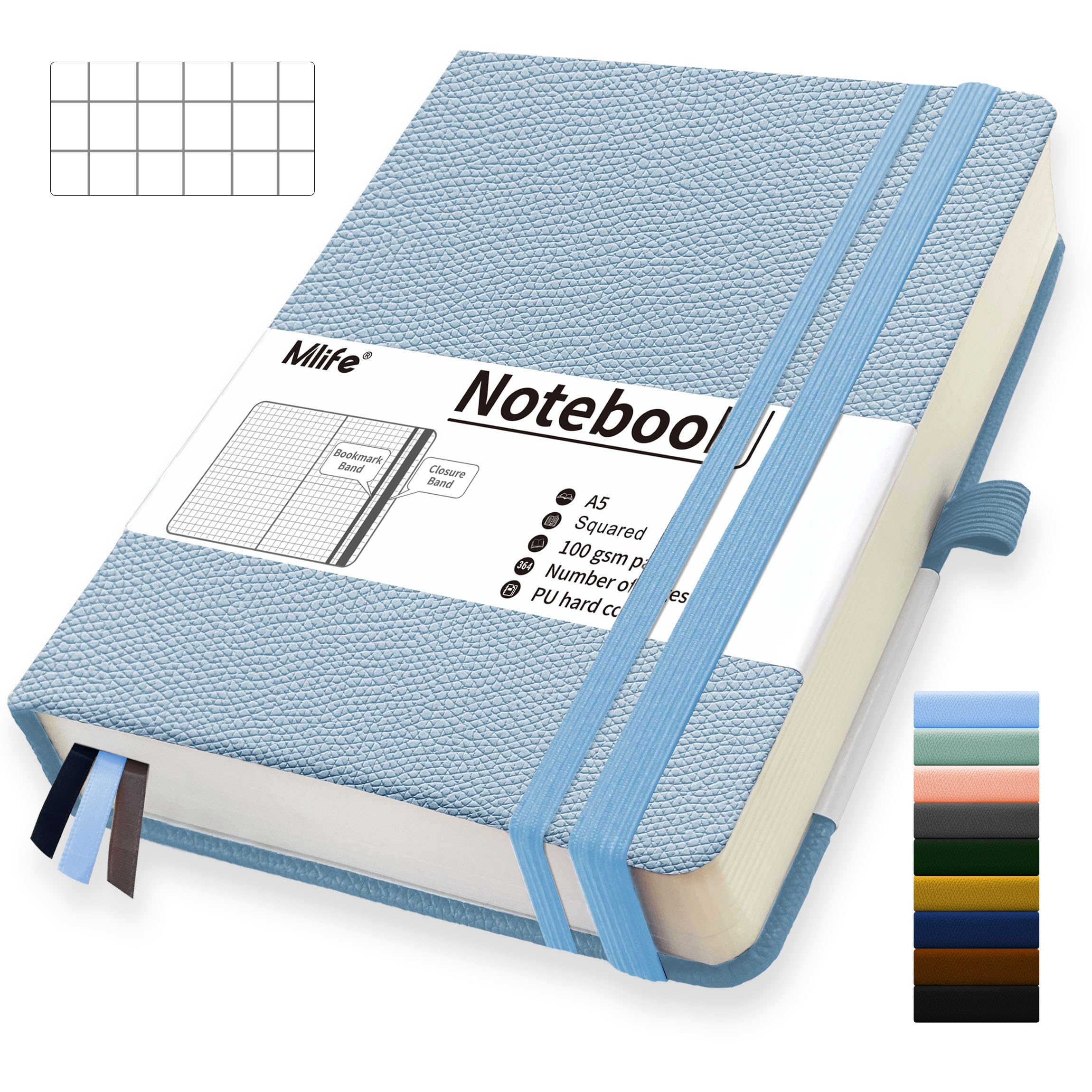 Mlife A5 Graph Paper Notebook,360 Pages Thickened Squared Notebook,Premium 100g/M² Ink Resistant Paper Thick,Pu Hard Cover Grid Notebook,Inside Pocket,Elastic Banded,Grid Paper for Diary(Light blue) — image 1