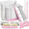NPLUX 50 PACK Mini Cake Pans with Lids and Spoons,Rectangular Aluminum Foil Bread Pan,Mini Loaf Pans and Food Containers with Lids(Pink,6.8oz)
