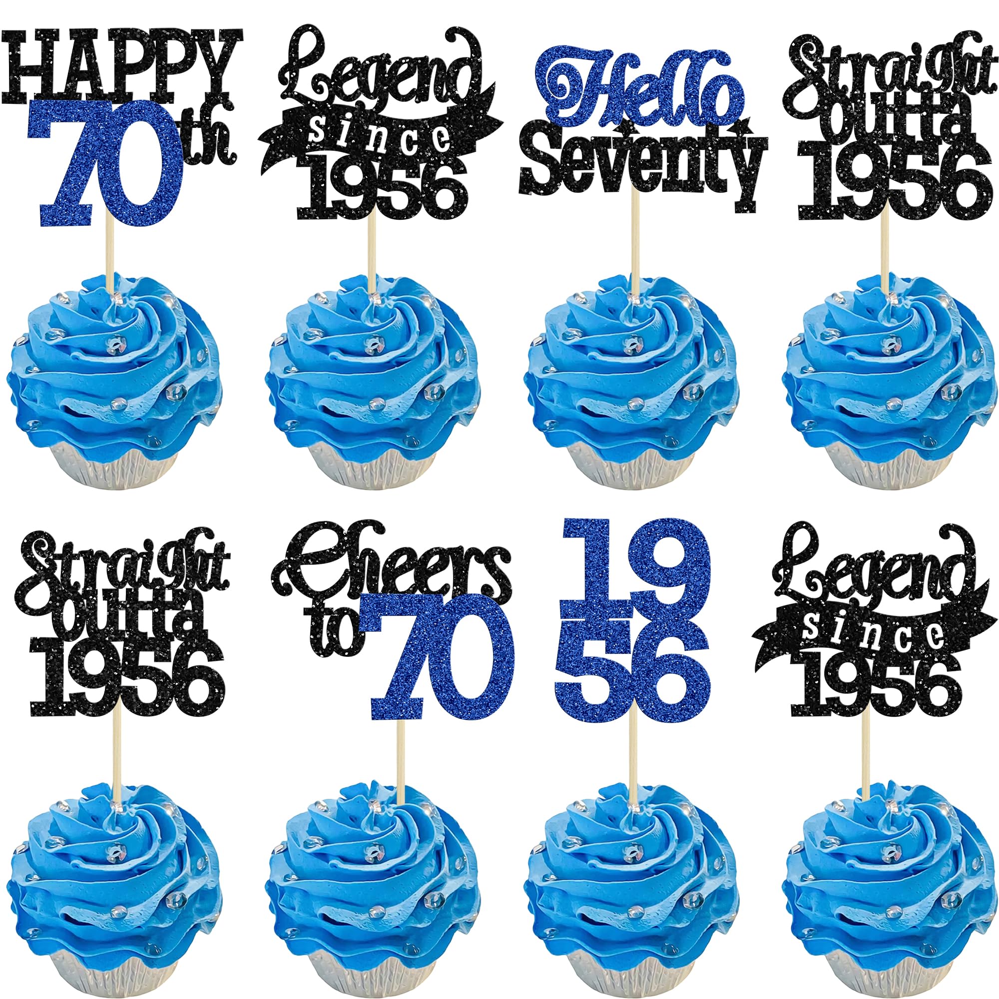 Gyufise 24Pcs Happy 70th Birthday Cupcake Toppers Hello Seventy Legend Since 1956 Cupcake Picks Cheers to 70 Years Cake Decorations for 70th Birthday Anniversary Party Supplies Black Blue