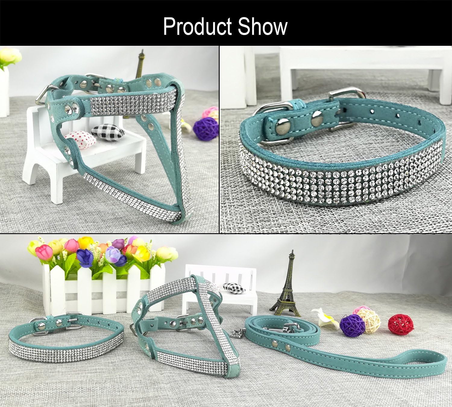 Newtensina Dog Collar & Harness & Lead Sets Fashion Dog Collar Diamante with Harness & Leashes Comfortable Soft Collar Harness and Leashes Set for Dog - Image 5