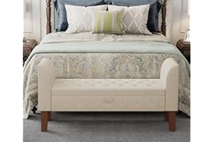Awonde Storage Bench Upholstered End of Bed Bench with Storage Armed Ottoman Bench Button Tufted Bedroom Entryway Living Room Settee Bench Beige Linen