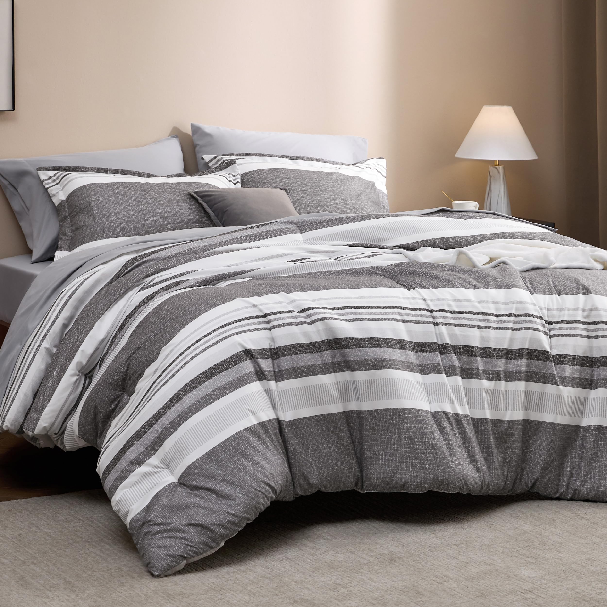 Photo 1 of Bedsure Full Comforter Set 7 Pieces, Frost Grey Striped Bedding Set for All Seasons, Reversible, Cationic Dyeing Bed in a Bag with Comforter, Sheets, Pillowcases & Shams
