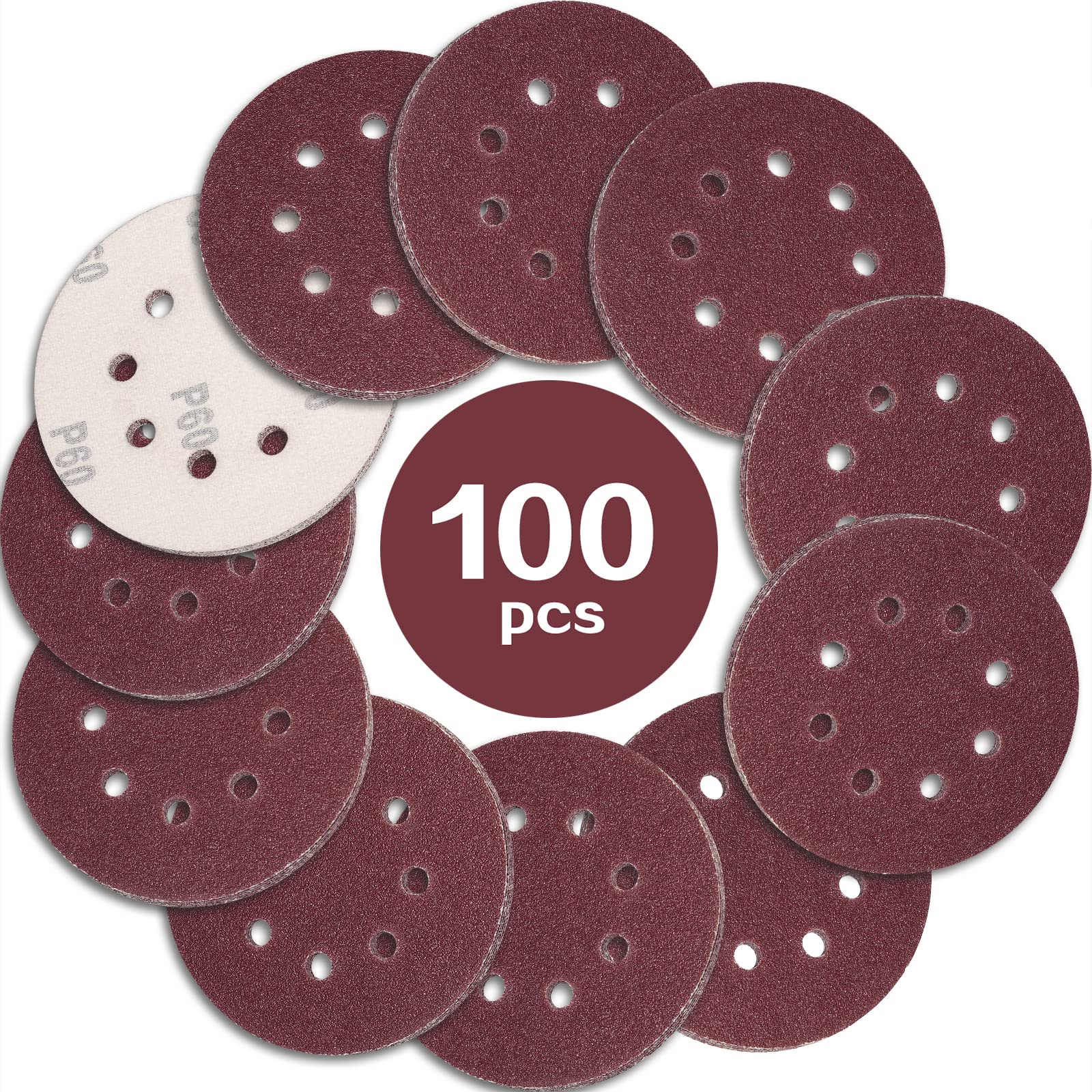 STEBRUAM 100PCS 125mm Sanding Discs 60 Grit, 5 Inch 8 Hole Hook and Loop Sanding Pads for Random Orbital Sander