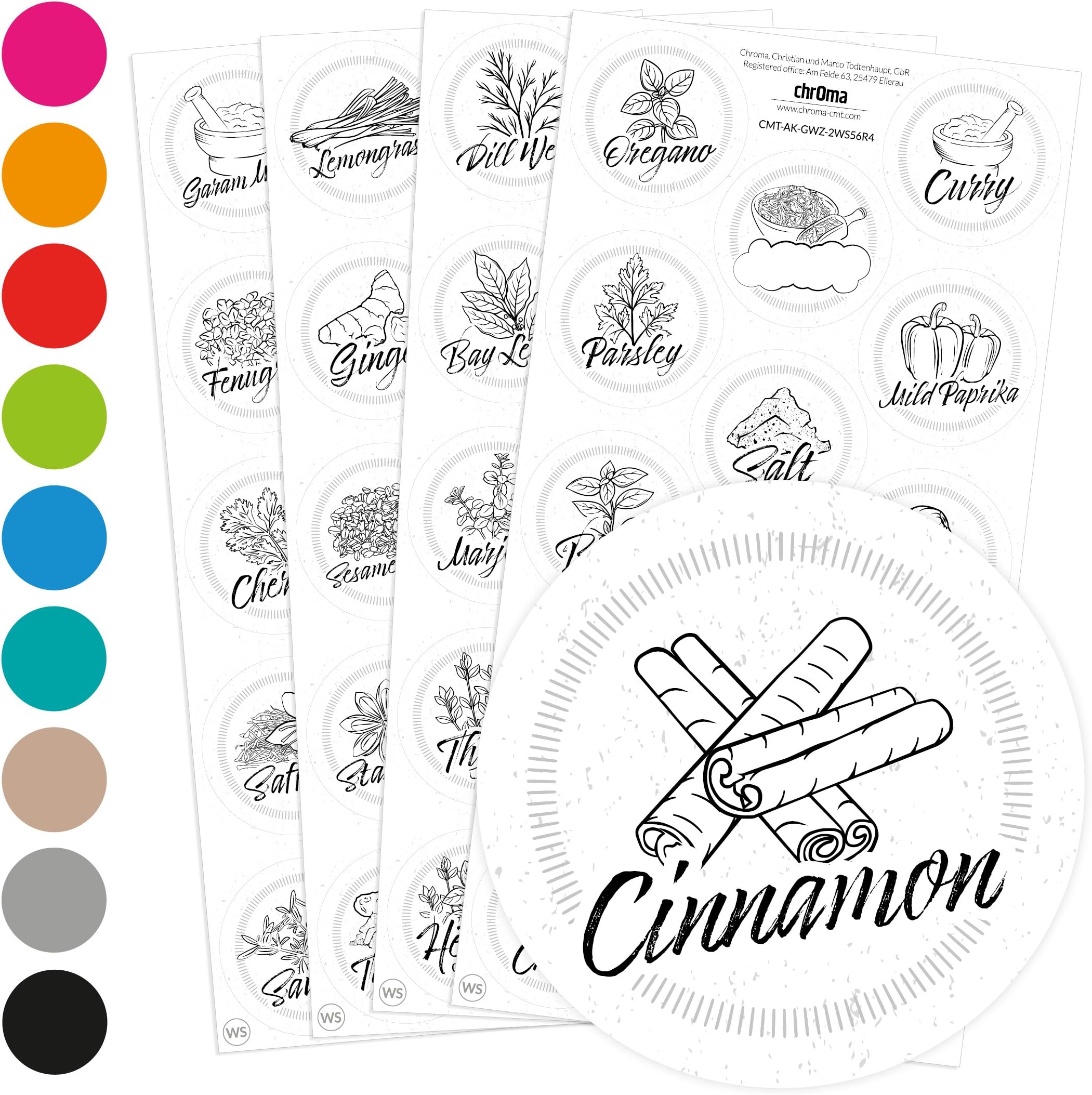 56 herb and spice labels, individual illustrations of the spices, for racks, jars or tins, pre-labeled, self-adhesive, 9 different colours, 4 cm diameter circle, round White