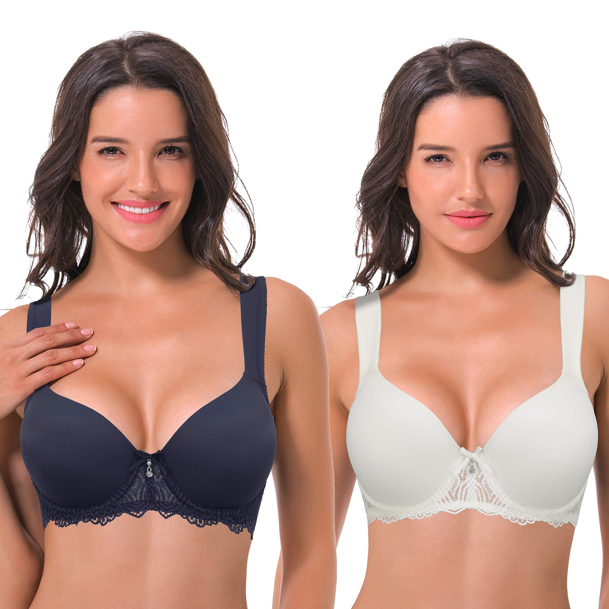 Photo 1 of Curve Muse Women's Lightly Padded Underwire Lace Bra with Padded Shoulder Straps-2PK-Black Iris,Cream-44B