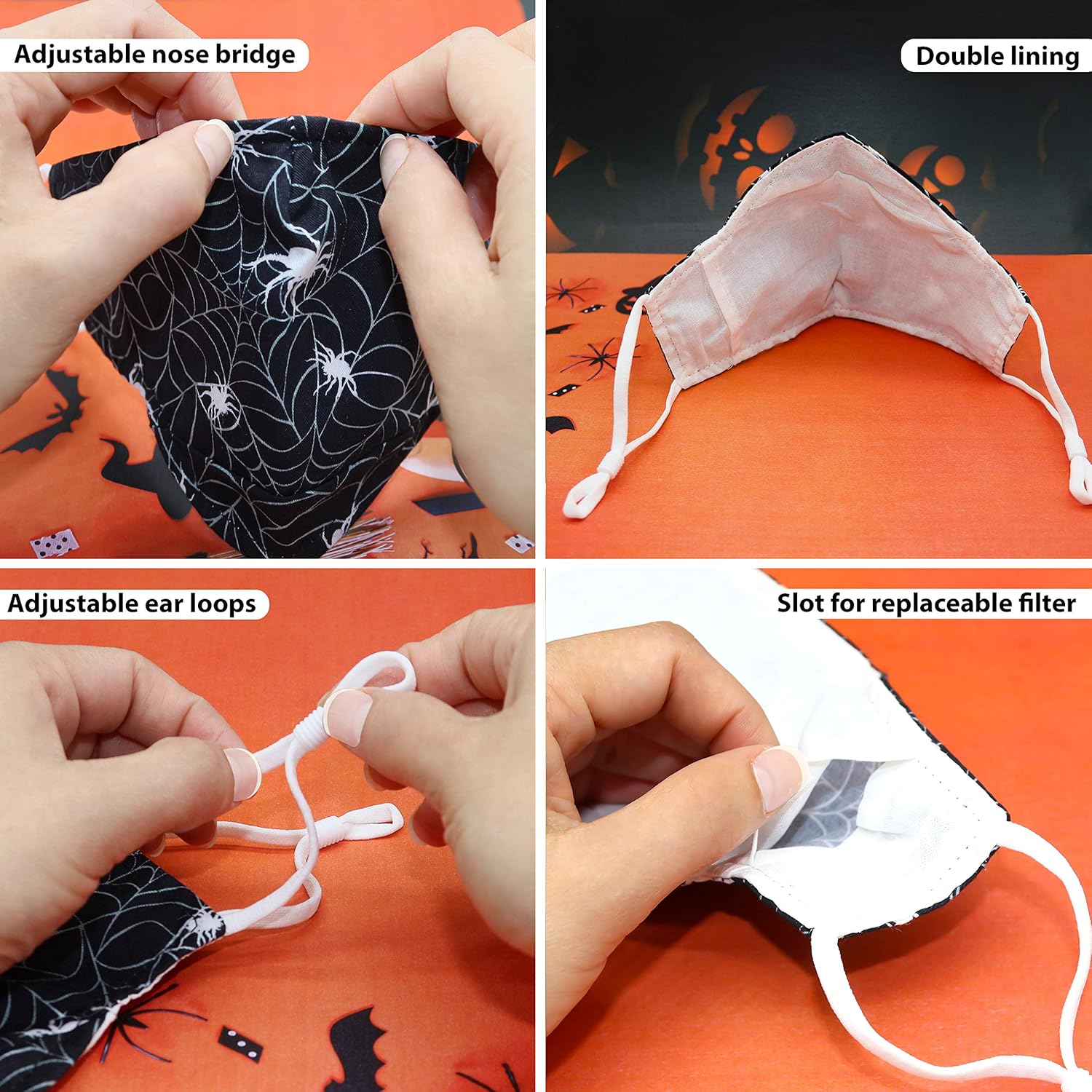 3 PCS Adjustable Halloween Face Masks for Kids, Washable Breathable Soft Cotton Mask for Children with Filter Pocket, Kid Ghost Spider Pumpkin Witch Prints with Nose Bridge Wire: Clothing
