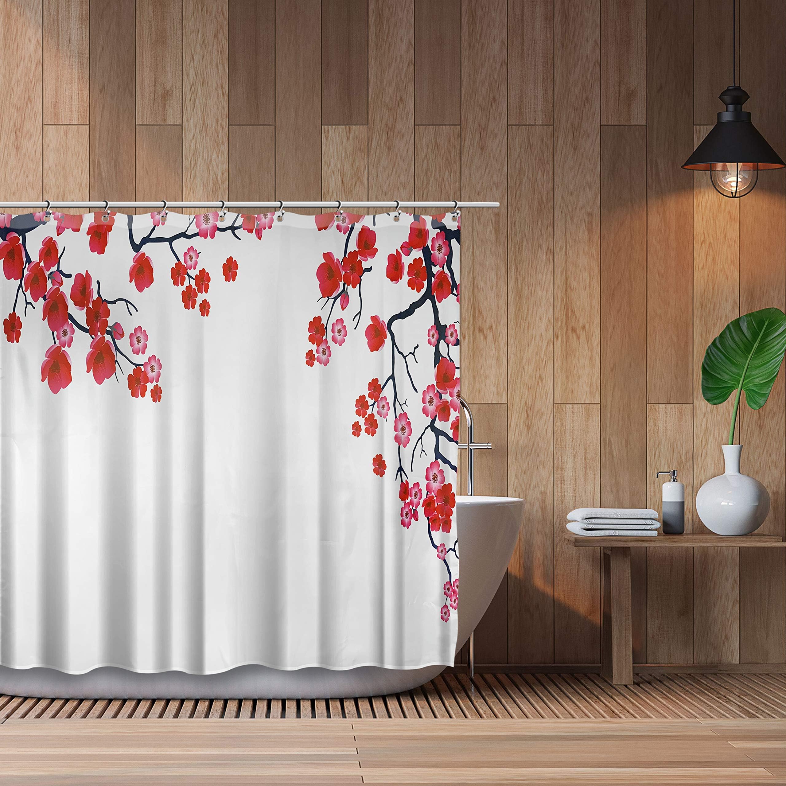 Axis Pink Cherry Blossom Shower Curtain with Liner - Modern Sakura Theme Japanese Art - Water-Repellent Polyester Curtains - Rust-Proof Grommets, with 12 Heavy-Duty Hooks