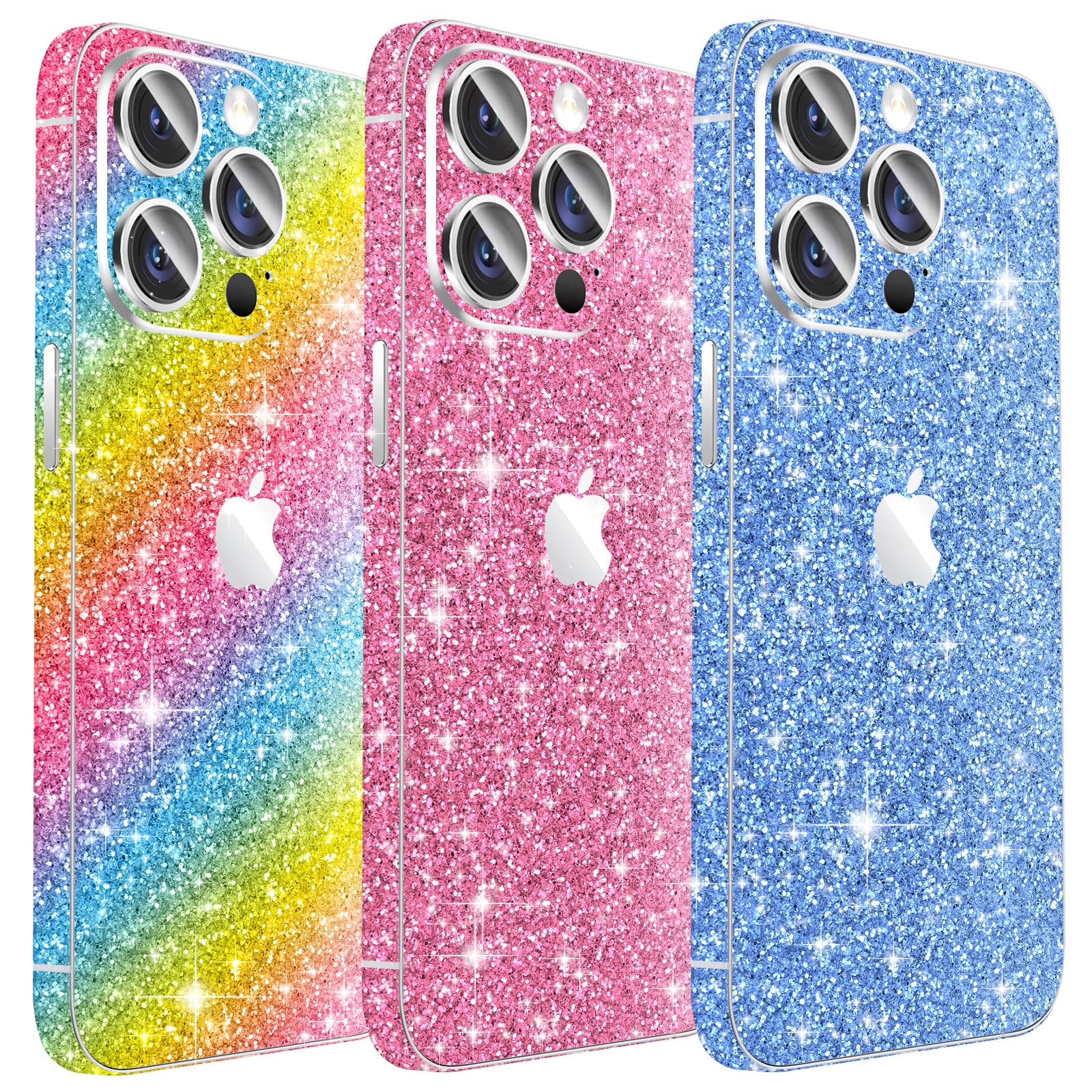 Photo 1 of 3PCS Sparkling Skin Protector for iPhone, Kucheed Bling Glitter Shiny Grain Full Cover Edges Sticker, Precise-Fit Back Protector/Luxury Wraps/Bling Phone Decorations for iPhone 16 Plus