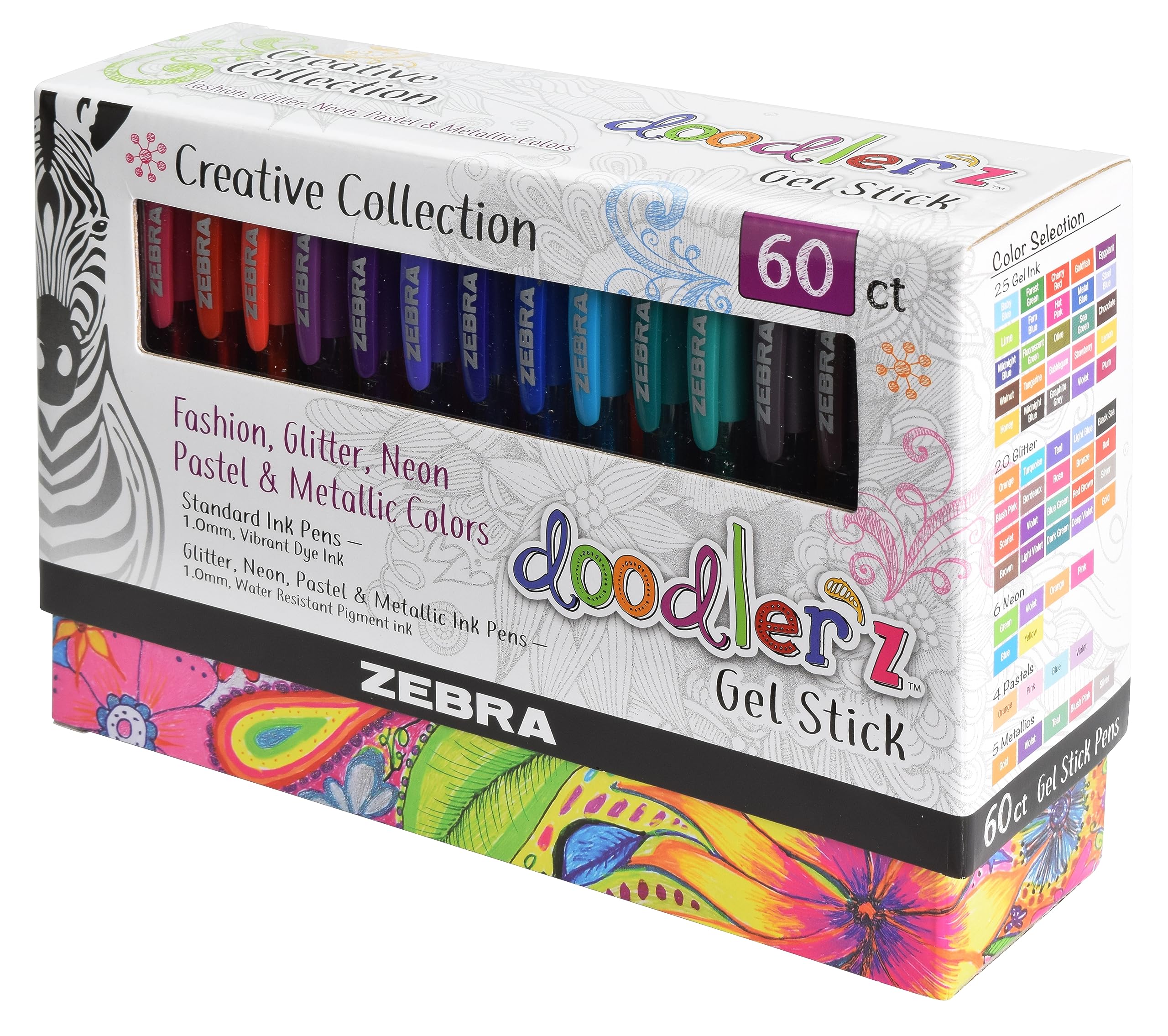 Zebra Pen Doodlerz Gel Pens 60-Pack, 1.0mm Bold Point, School & Scrapbook Supplies, Smooth Writing, Ergonomic Grip, Rainbow Colors: Glitter, Neon, Metallic, Pastel, Translucent Barrel (41960)