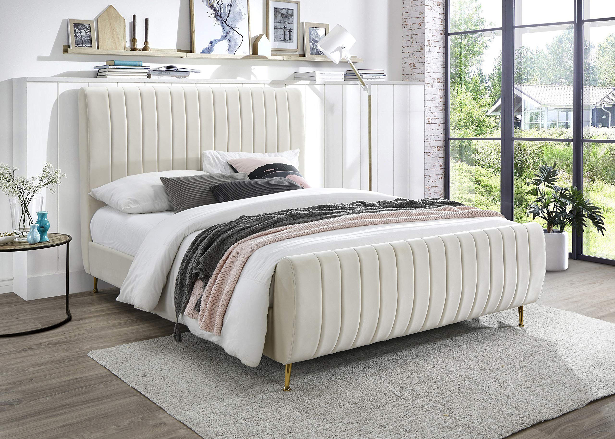 Meridian Furniture Zara Collection Modern | Contemporary Velvet Upholstered Bed with Deep Channel Tufting and Custom Gold Legs, Full, Cream