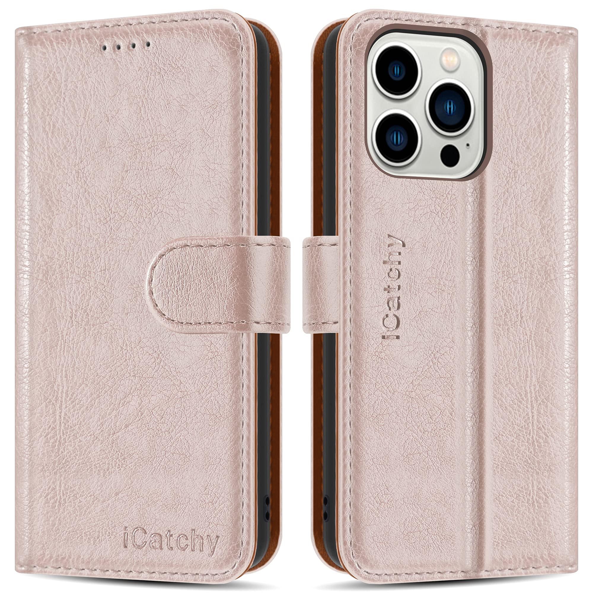 iCatchy for iPhone 13 Pro Case (6.1'') Leather Wallet Book Flip Folio Cover (Rose Gold)