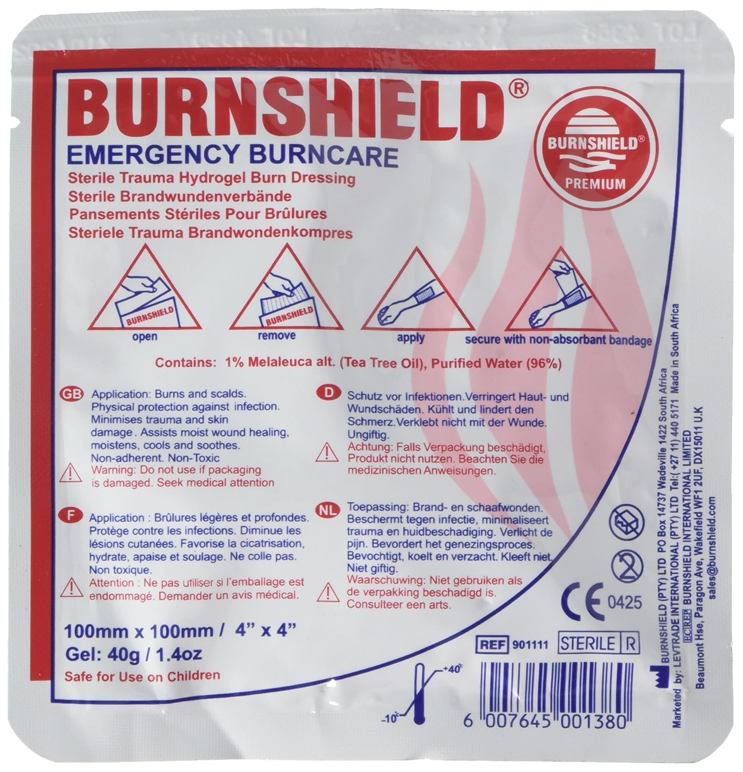 Burnshield Premium Sterile Emergency Burn Dressing 4"x4" (10cm x 10cm