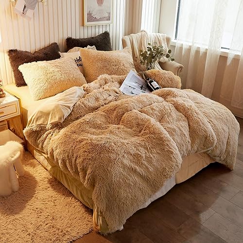 XeGe Plush Shaggy Duvet Cover Luxury Ultra Soft Crystal Velvet Bedding 1PC(1 Faux Fur Duvet Cover),Zipper Closure (Twin, Camel)