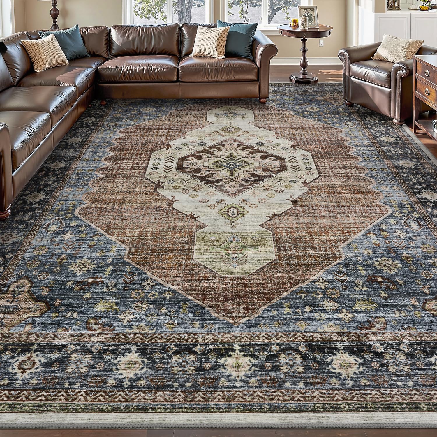 Photo 1 of ***PHOTO FOR STYLE REFERNCE/ COLOR DIFFERS ALSO 1 SIDE HAS A CUT ALL THE WAY DOWN THE RUG EDGE**** Engiw-Washable 8x10 Area Rugs for Living Room Rug Carpet Bedroom Rug Dining Room Rugs Office Carpet Vintage Soft Cozy Non Slip Navy Blue Rust