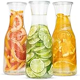 Glass Carafe Pitchers, by Kook, Large Carafe - set of 3, Beverage Dispensers, Clear Jugs For Mimosas, Water, Wine, Milk and Juice, with Plastic Lids, 50 oz Dishwasher Safe