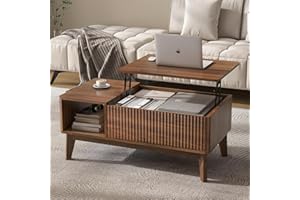 LYNCOHOME Fluted Lift Top Coffee Table with Hidden Compartment, Modern Center Table for Living Room, Home Office（Walnut）