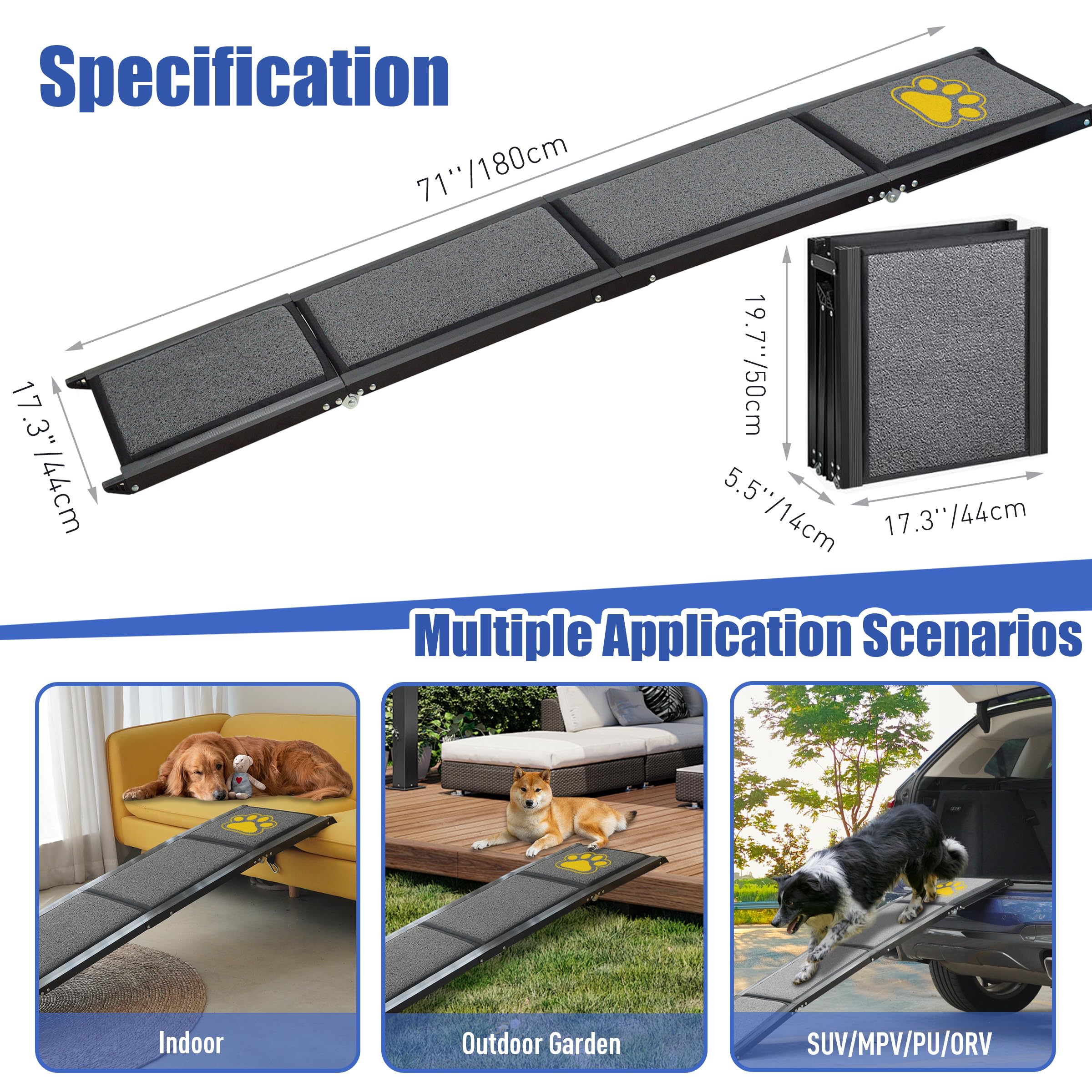 BACOENG 180cm Hunderampe Auto Klappbar, Hundetreppe Auto mit Rutschfester Teppich, rutschfest Hunderampen für Autos, LKWs und SUV 8