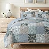 SLPR Wildflowers Cotton Quilt Set - Twin Size with 1 Sham, Blue Gray Floral Pieced Patchwork Design, Country Quilted Bedspread with Flower Pattern, Cottage Style Bedding for All Seasons