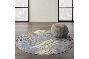 Nourison Aloha Indoor/Outdoor Grey/Blue 4' x Round Area Rug, Easy Cleaning, Non Shedding, Bed Room, Living Room, Dining Room, Backyard, Deck, Patio (4 Round)