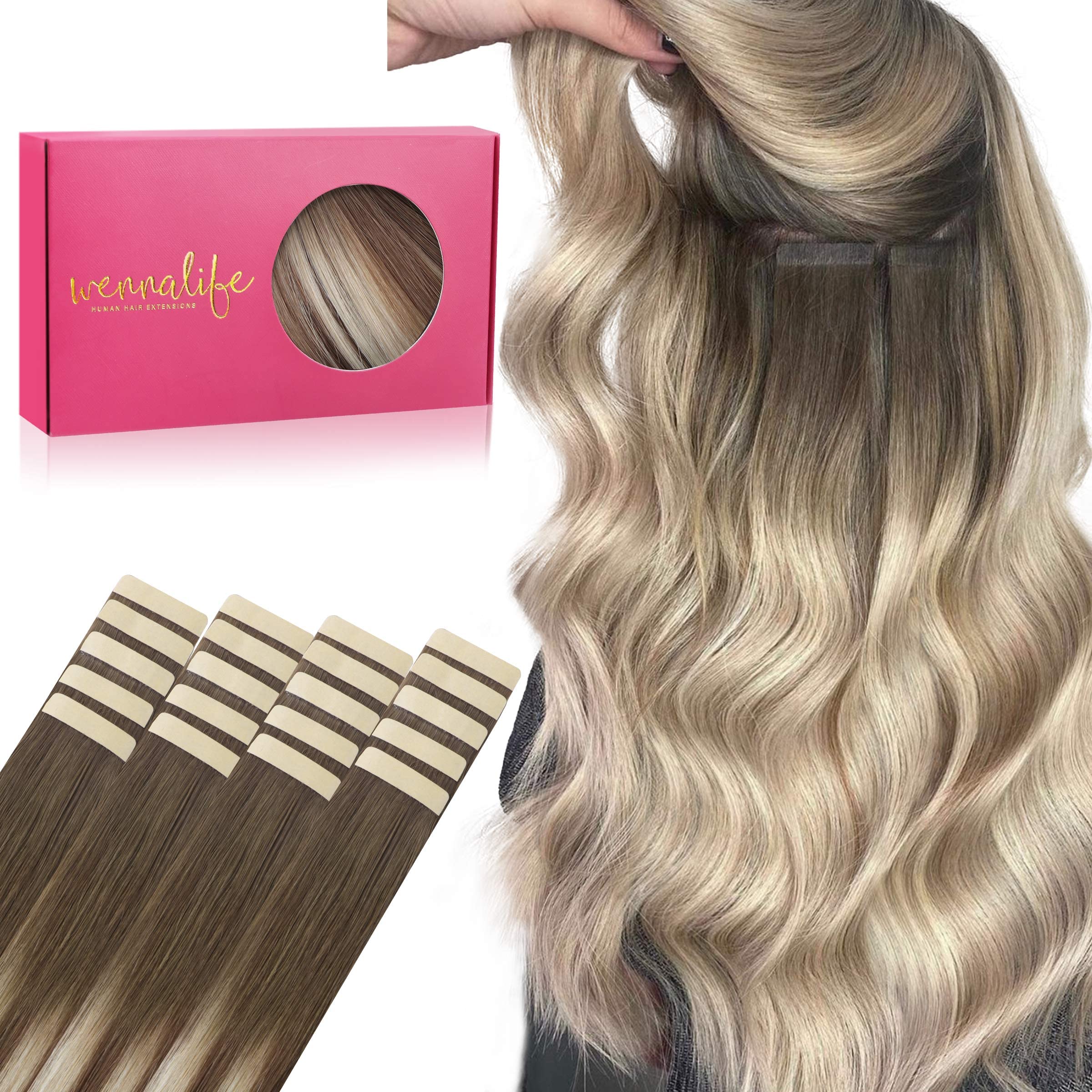 WENNALIFE Tape in Hair Extensions Human Hair, 20pcs 24 inch 50g Sandy Brown to Platinum Blonde Remy Tape Hair Extensions Real Human Hair Tape Extensions Coloured Hair Extensions — image 1