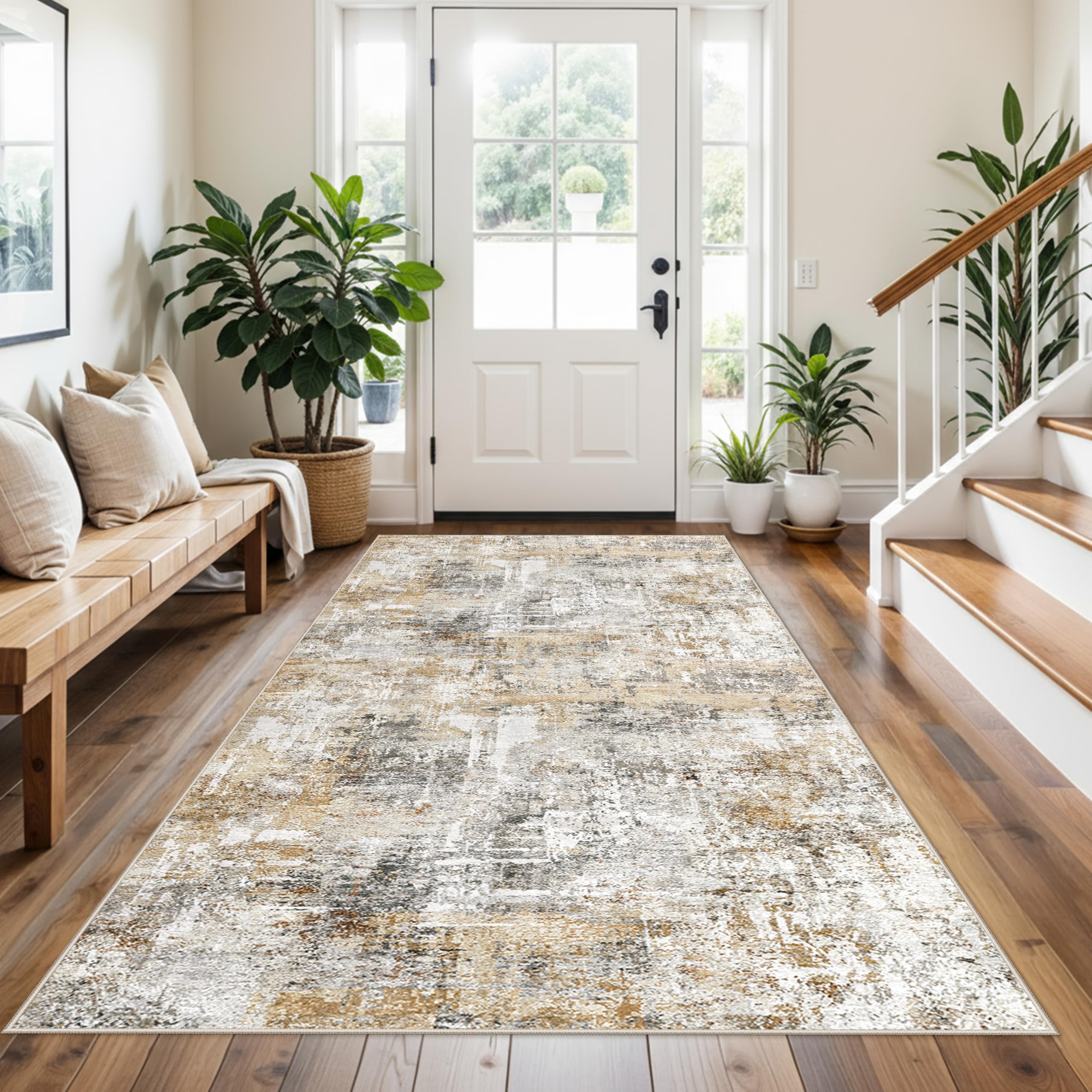 4x8 Washable Area Rug – Non-Slip Rubber Backed Indoor Rug for Entryway, Kitchen, Hallway | Modern Abstract Neutral Low Pile Thin Floor Mat for Bedroom, Living Room, Office (Gold Grey) Image