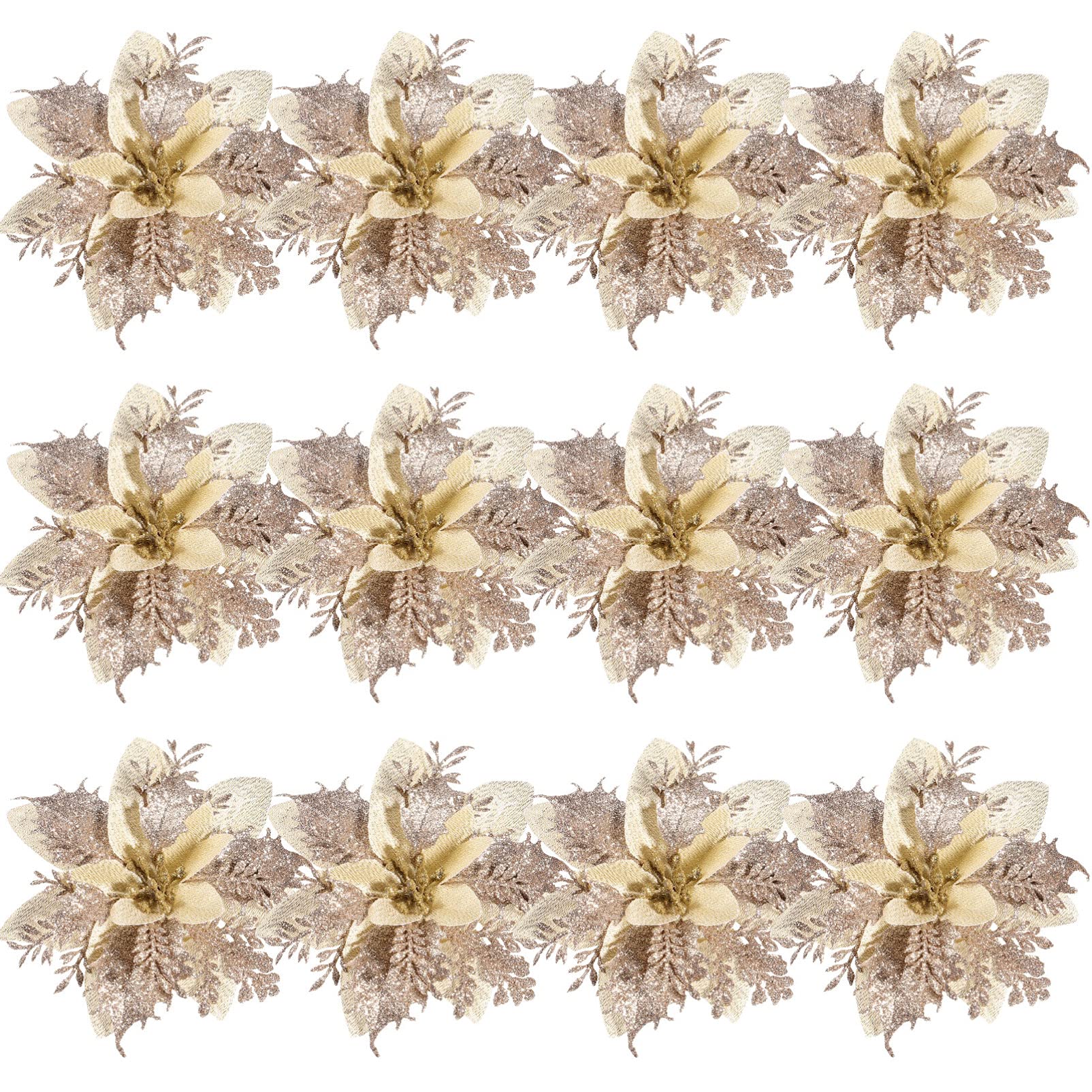 NUOBESTY Christmas Glitter Poinsettia Decor, Xmas Artificial Flowers with Stems and Clips Xmas Tree Decorations Holiday Wreath Decorations for Christmas Party Decor 12pcs