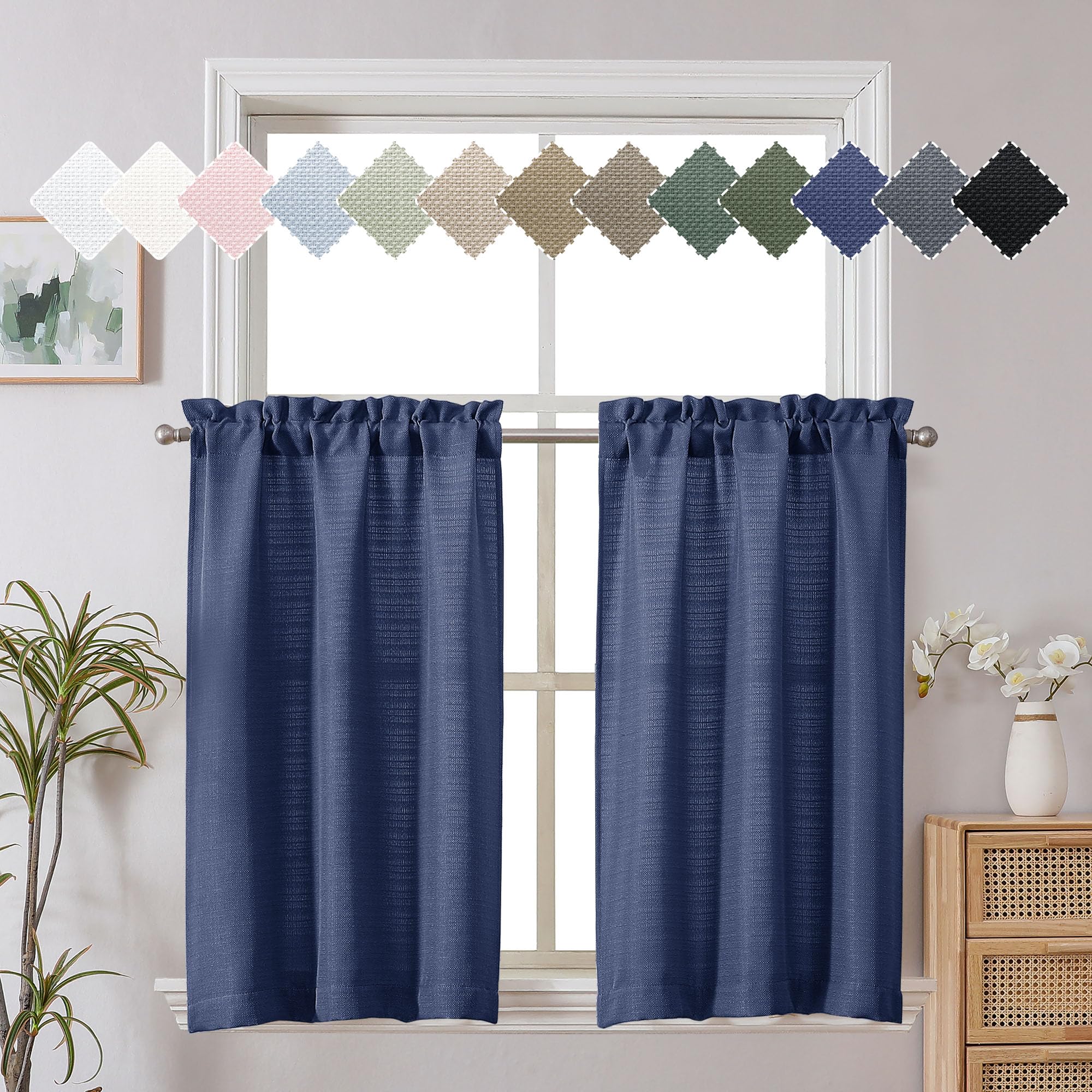 Chyhomenyc Blue Curtains 30 Inch Length, Faux Linen Textured Small Cafe Curtains, Light Filtering Short Curtains for Basement Curtains Window, 30x30 Inch, 2PCS