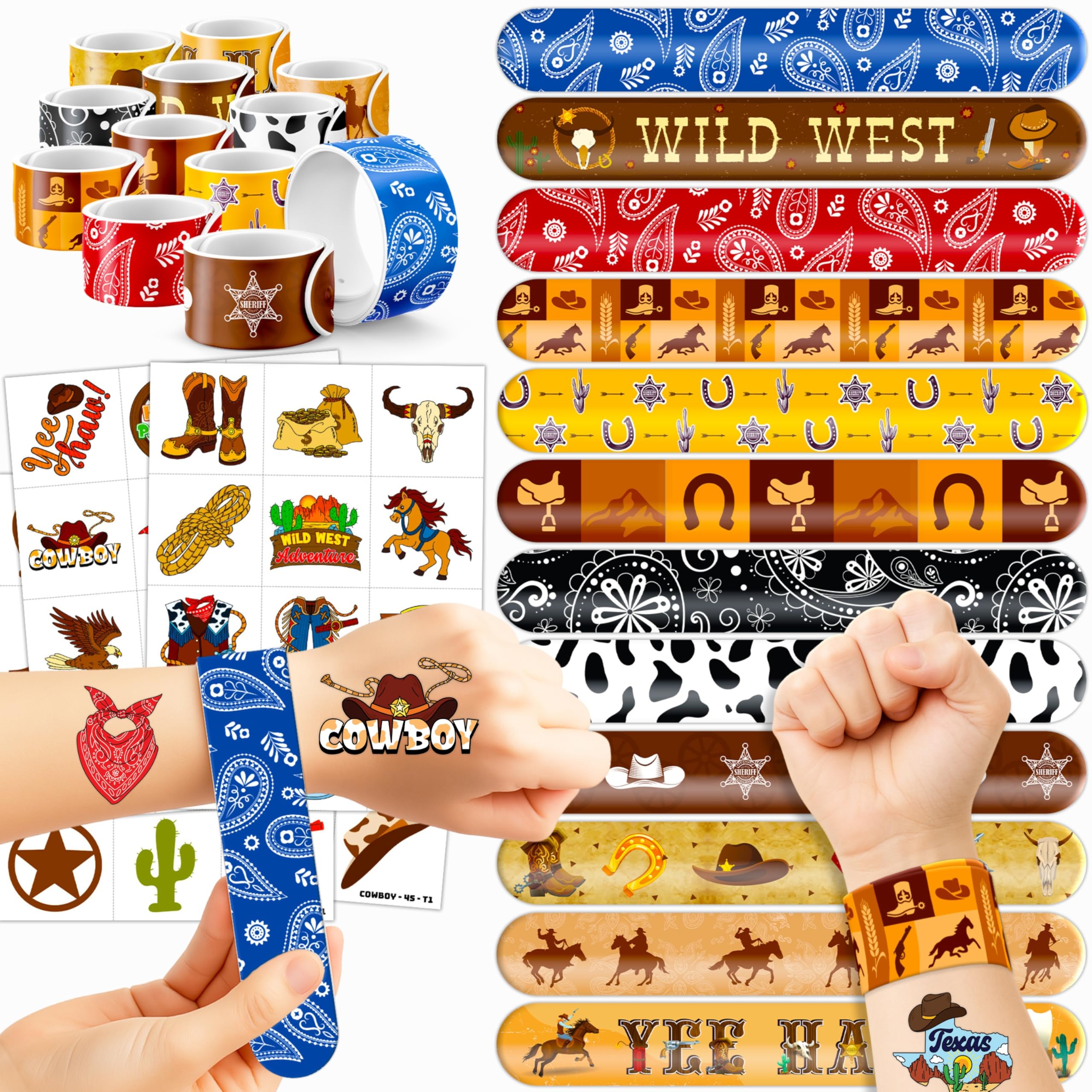 Photo 1 of 72PCS Cowboy Party Favors - 48PCS Pre-cut Temporary Tattoos & 24PCS Slap Bracelets - Cool Western Rodeo Themed Birthday Supplies, Decorations, Gifts, Classroom Prizes for Kids, Boys & Girls