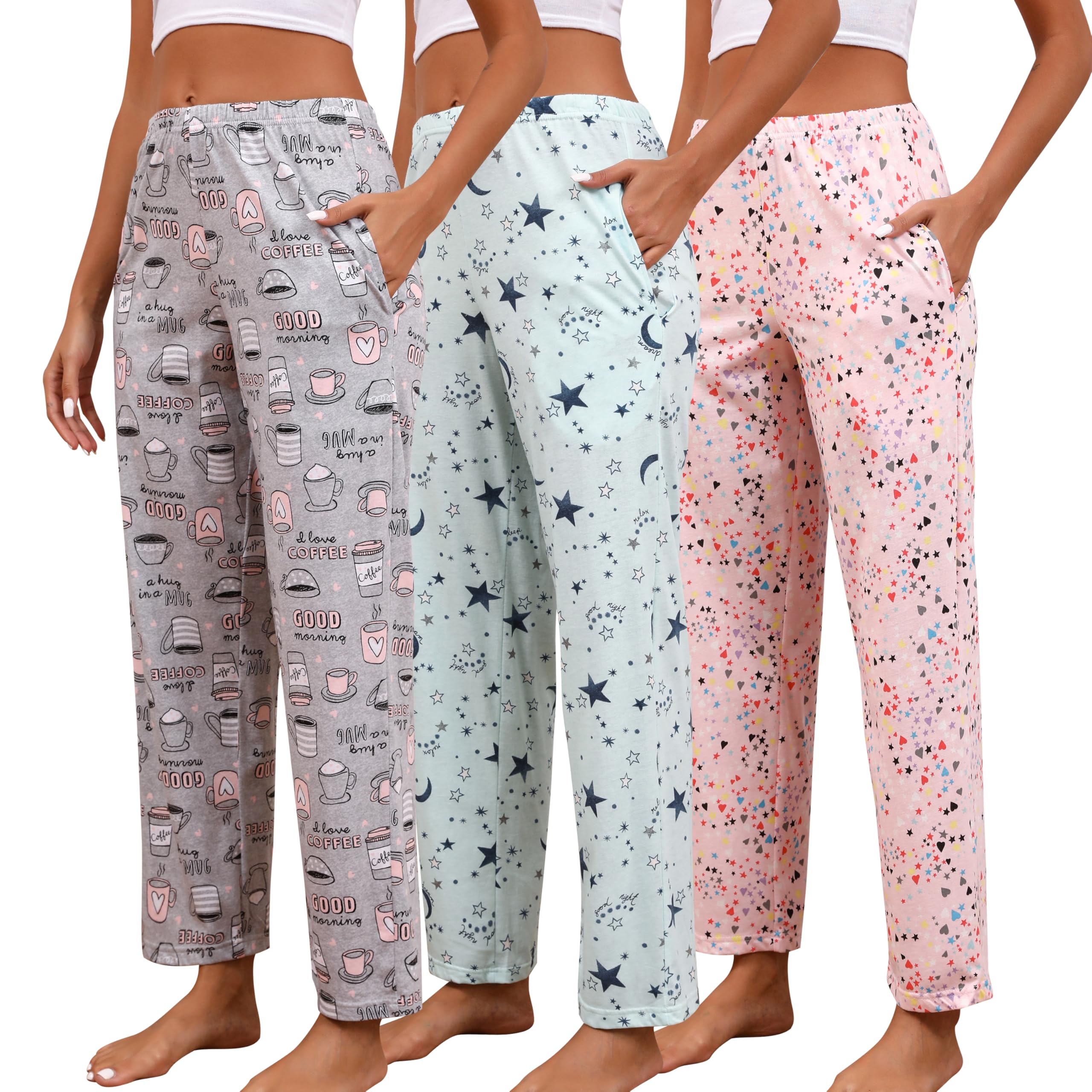 Photo 1 of **ONLY THE PINK ONES***PNAEONG Pajama Pants Women 3 Pack Soft Cotton Lounge Pants Women Comfy PJ Casual Sleep Pant Print Women's Pajama Bottoms Sleepwear with Elastic Waistband & Pockets, Star+Coffee+Pink-L